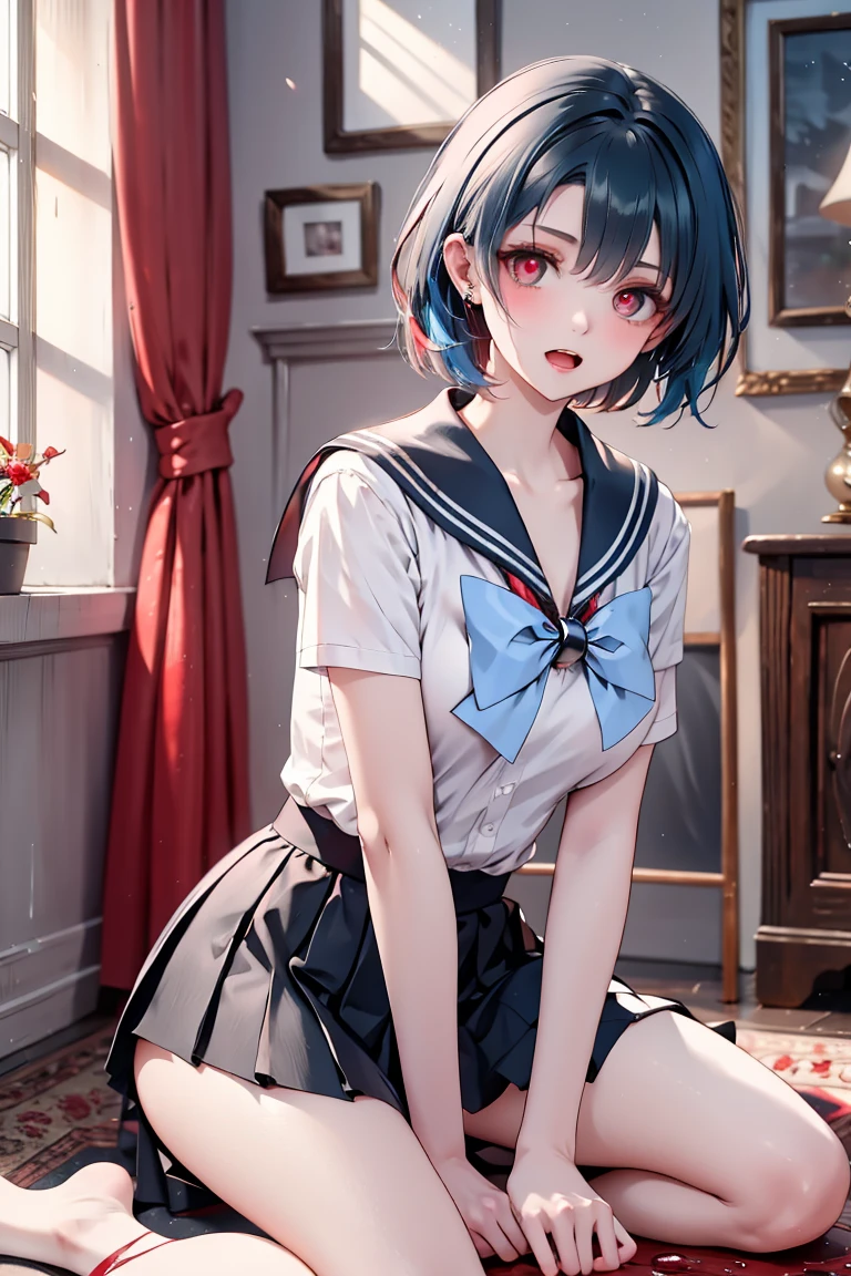 A girl with big ,Lovely daughter,blunt bangs, straight hair, ,Loli,Bow,clavicle,(Sailor Suit),weak,Well-behaved and cute,Showing belly,blush,Bright Light,Sitting on the living room carpet,Hot summer,