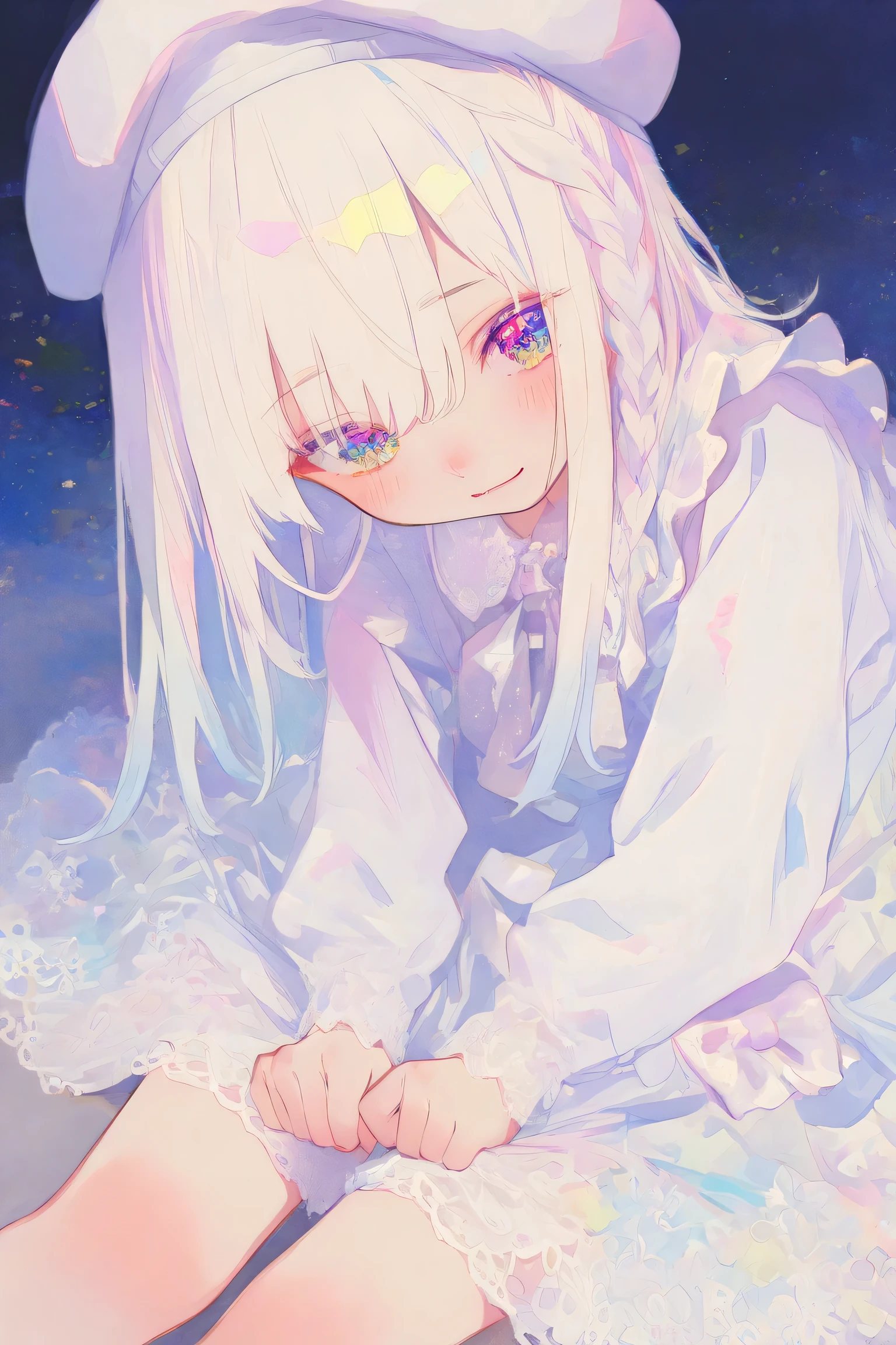 Chibi: 1.2, cute: 1.2, cute eyes: 1.2, gentle: 1.2. Happy, light smile, ((Masterpiece, detailed: 1.2)) (highest quality), (Masterpiece: 1.2), (colorful: 0.9), (color scattering), (watercolor), sharp focus, high resolution, (anime style: 1.1), ((highest quality)), (super detailed), (beautiful), alone, wearing a white lace dress with a large white bow at the back, long sleeves, white hair, braided hair, white beret, blue eyes , cute, masterpiece, best image quality, highest quality, Alice in Wonderland のコスチューム, colorful long いブロンドのhair, colorful eyes, top-down perspective, (: 1.5), facial effects, sitting, holding the skirt with one hand