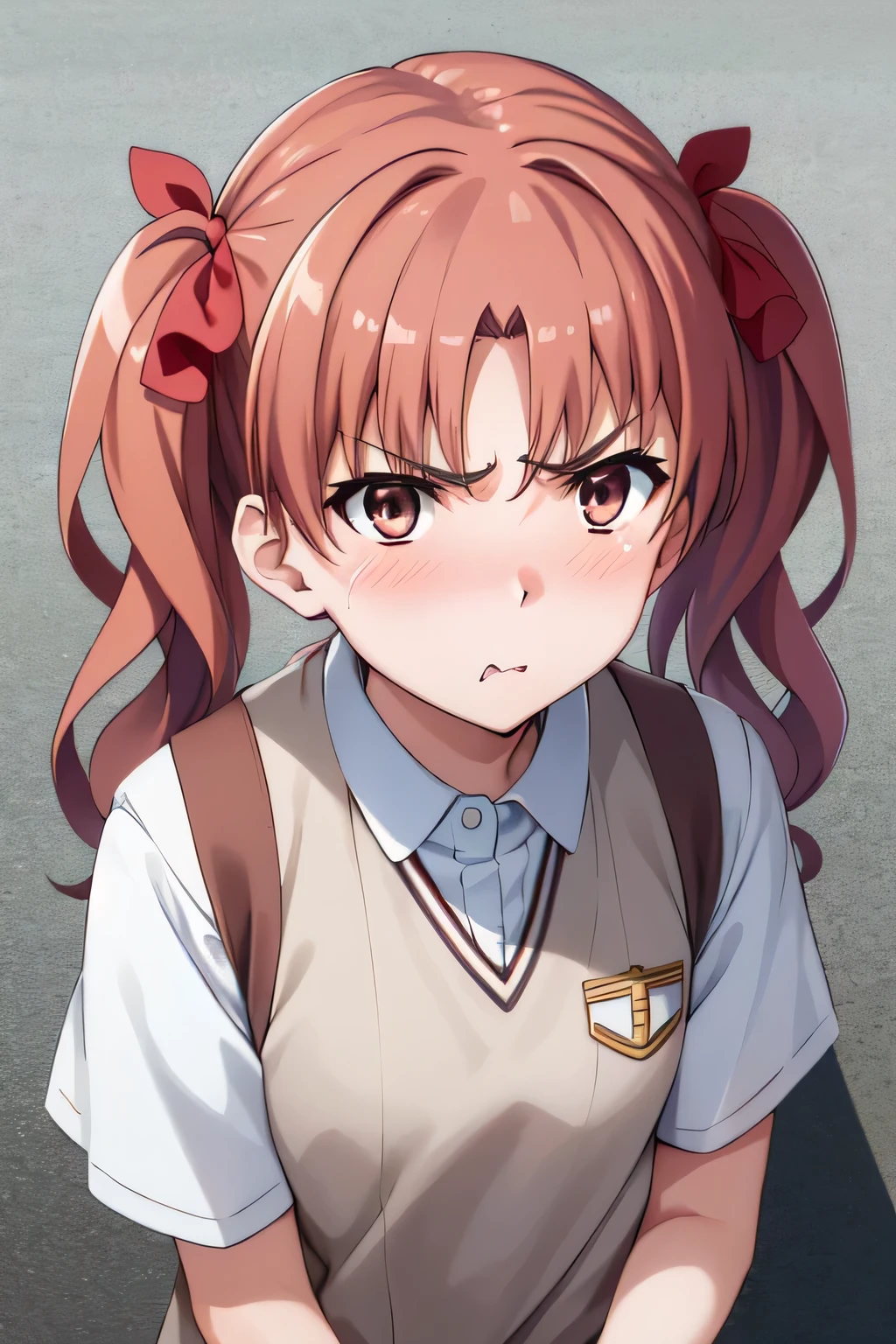 from above, focus face, close up face, 1girl, Kuroko Shirai:1.2, brown eyes, fake pout, slightly angry, bashful expression, hiding embarrassed, tokiwadai school uniform, long hair, twintails, street, (extremely detailed CG, masterpiece, highres icon,absurdres,4K)