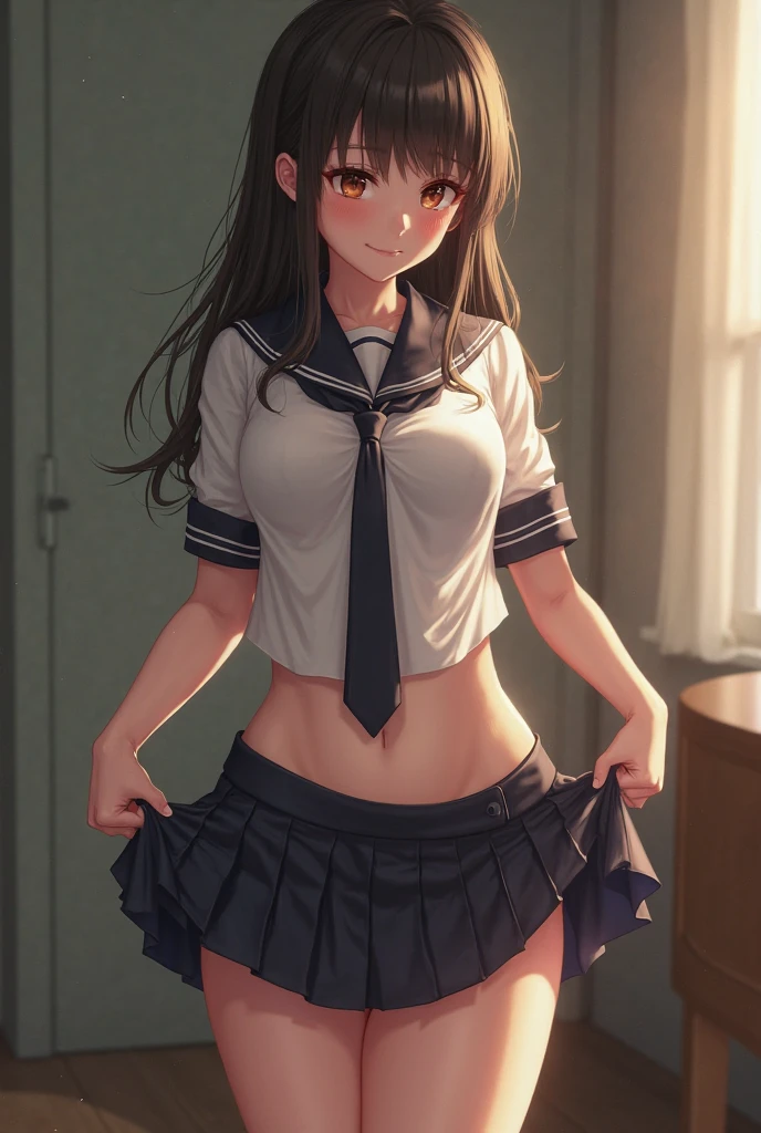 katoumegumi, megumi katou, brown hair, long hair, (yellow eyes:1.5)
BREAK miniskirt, school uniform, skirt, sailor uniform, serafuku,
BREAK looking at viewer,
BREAK indoors, classroom,
BREAK (masterpiece:1.2), best quality, high resolution, unity 8k wallpaper, (illustration:0.8), (beautiful detailed eyes:1.6), extremely detailed face, perfect lighting, extremely detailed CG, (perfect hands, perfect anatomy),(white panties:1.5), (skrit lift:1.5), standing, small breasts, (short, tiny, little:1.5), blush, embarrassed,from below, cowboy shot, dutch angle