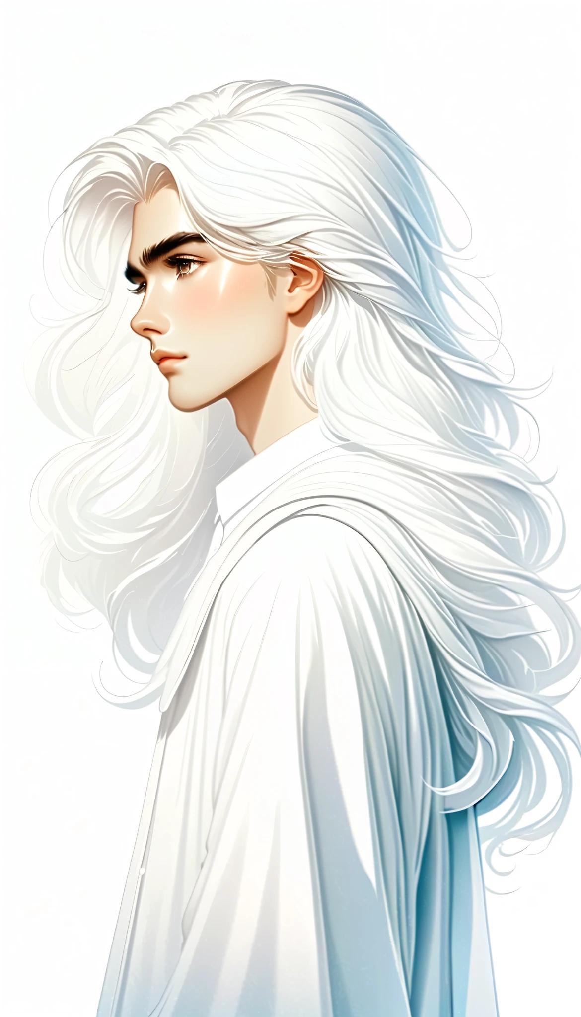 character design,in style of Bruce Munro, character concept design, half body,A Mysterious Transfer Student , (, a mysterious transfer student beauty),Beautiful student with super long white hair,English school uniform,,Covering his face,Remarkable student characteristics,white background,Complete,Clean background, Minimalist