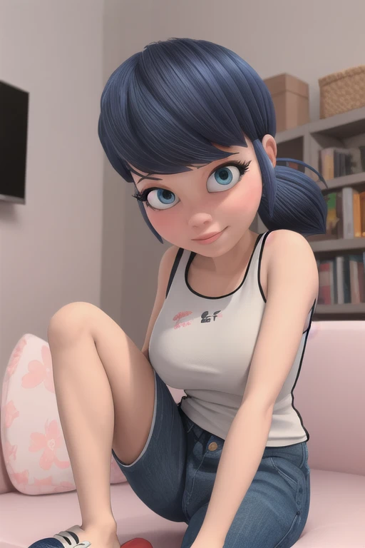 (8k, RAW photo, best quality, masterpiece:1.2), (intricate details), perfect eyes, perfect face, perfect lighting, beautiful, (masterpiece:1.2), (best quality:1.2), 1girl( marinette, blue hair, ponytails, blue  eyes,  half-closed eyes),a come-hither face, smirk,  parted  lips, solo,facing viewer, looking at viewer, white t-shirts, t-shirts lift , undress, nipples, navel,  denim skirt, ultra mini skirt,  outdoor, night time,  standing,  hands up, sexy waist teasing,  lure, come-on,  undressing 