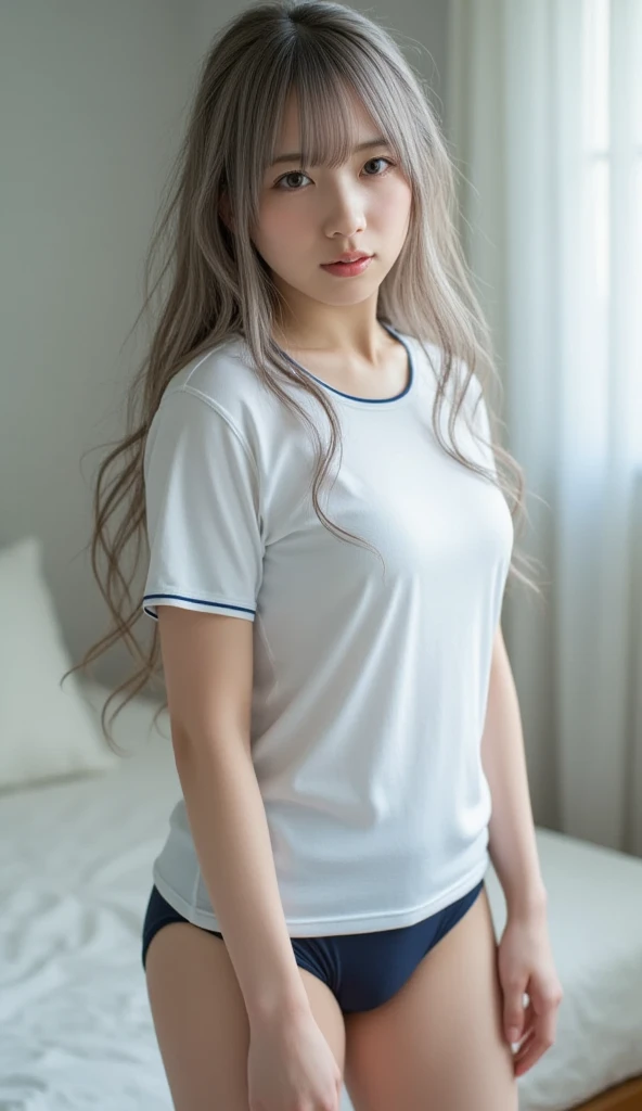 highest quality,Best image quality,Ultra-high resolution,8k,(Hyperrealism:1.1),High saturation,(Realistic:1.2),Accurate anatomy,Written boundary depth,Ideal body,Japanese,18 year old beautiful girl,beauty,cute,A kind smile,Long Wavy Hair,brown hair,(Droopy eyes:1.2),rather thin lips,E cup breasts,Soft Breasts,Round ass,Realistic Skin,(Sunburned:1.4),(Wheat peel:1.4),(height: 154cm:1.2),1 girl,The whole body is visible,Shorts,(White T-shirt:1.4),Random Pause,(On the bed:1.2),(night:1.4)