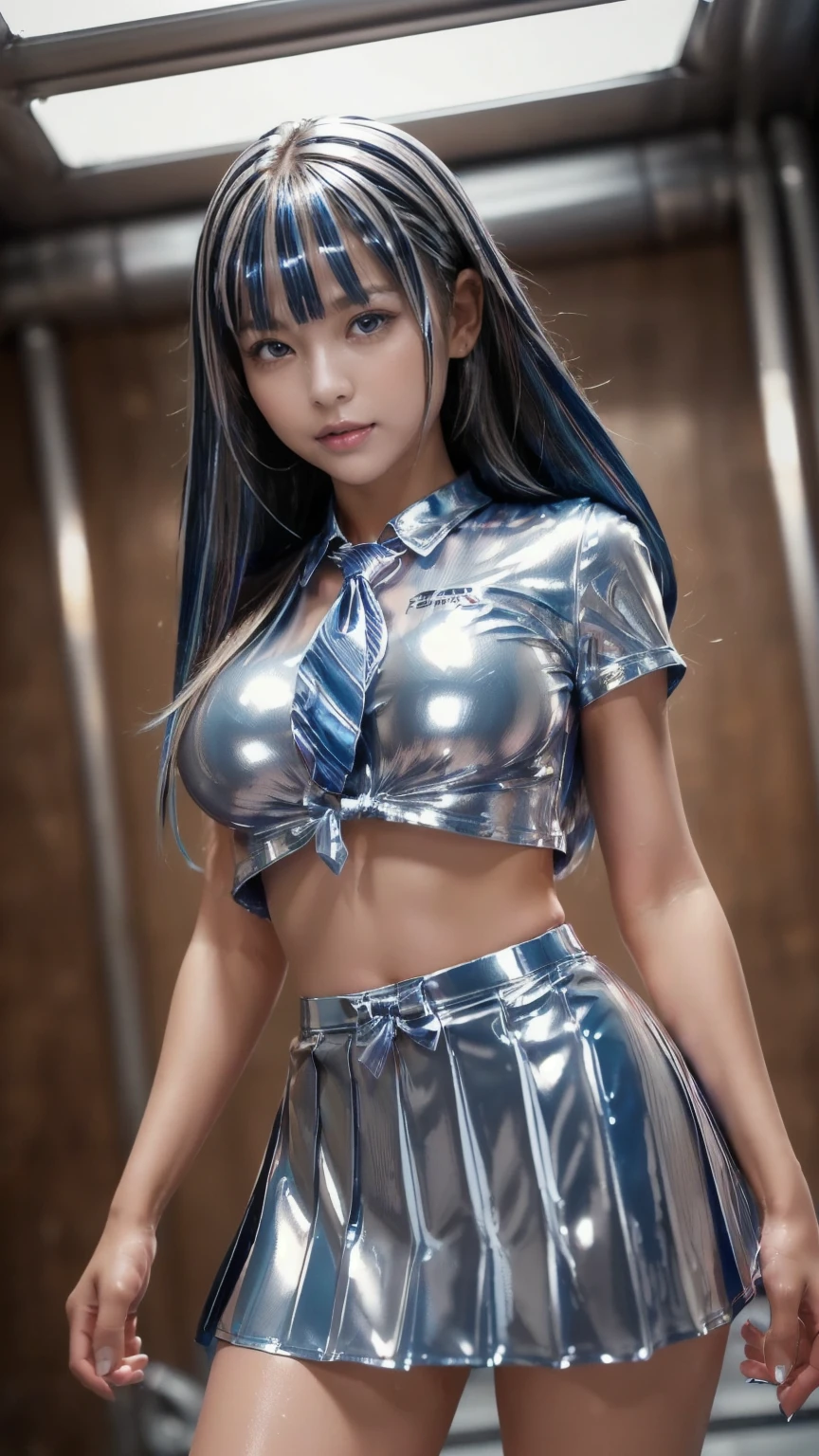 (masterpiece:1.2, Highest quality), (Realistic, photoRealistic:1.4), Beautiful illustrations, (Natural Side Lighting, Cinema Lighting), Depth of written boundary, (photograph),
Beautiful detailed hair, Beautifully detailed face, Beautiful attention to detail, Beautiful clavicle, Beautiful body, Beautiful breasts, 美しいThighs, Beautiful feet, Beautiful fingers,
View your viewers, (Thighs, From below:1.3), 1 girl, high school girl, (Perfect Anatomy, Anatomically correct, Highly detailed skin), Perfect Face, Perfect Eyes, Cute and symmetrical face,
(Long Hair, High Ponytail, Black Hair), Hair between the eyes, Dark blue eyes, Big eyes, Long eyelashes, (Medium chest, seductive Thighs), thin, Glowing Skin, Baby Face,
(Metallic blue track uniform, Sportswear, Sports Bra, Sports Bikini:1.3), Sweaty,
(Beautiful views), evening, (Athletics:1.2,), squat, (Cute Smile, Lips parted),