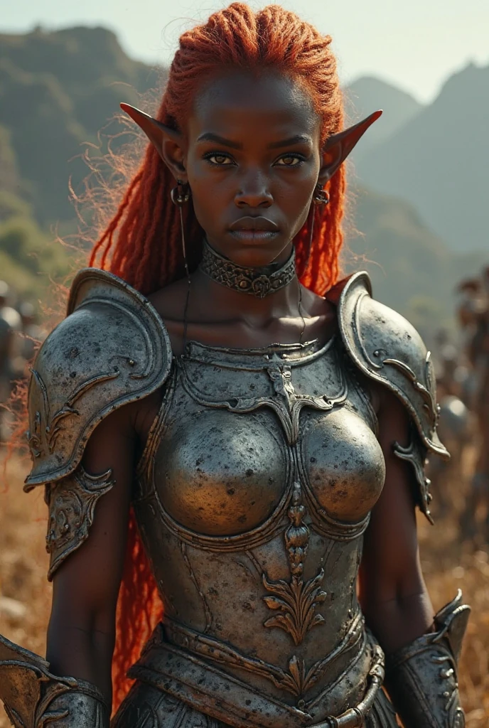 (zPDXL2), score_9_up, 1girl, short all black hair in loose ponytail, soft red eyes, innocent eyes, elf ears, colored skin, red skin, 2 Black demon horns, demon horns, black horns, average body, wearing full leather armor, rogue cloak, hooded cloak, hood down, leather armor, rogue armor, ranger armor, covered body, fully covered, SFW, non-revealing, safe, PG13, dungeons and dragons, DnD, D&D, rogue, assassin, thief, walking through a forest, night time, dark, night, looking at viewer, AissistXLv2, unaestheticXL_bp5, SimplePositiveXLv2, zPDXL2 PonyXLV6_Scores