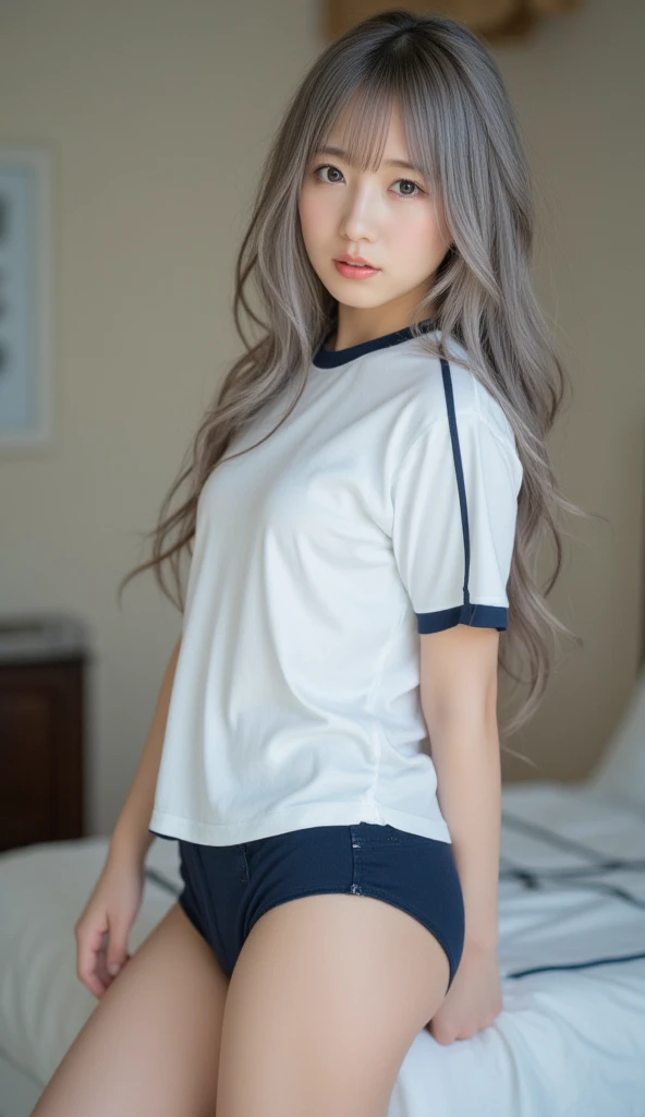 realistic, high resolution, girl, white hair, korean, blue eyes, small moles under the eyes, loose white shirt, sports shorts, big house, thick thighs, legs crossed, sitting, pale skin, melancholy eyes