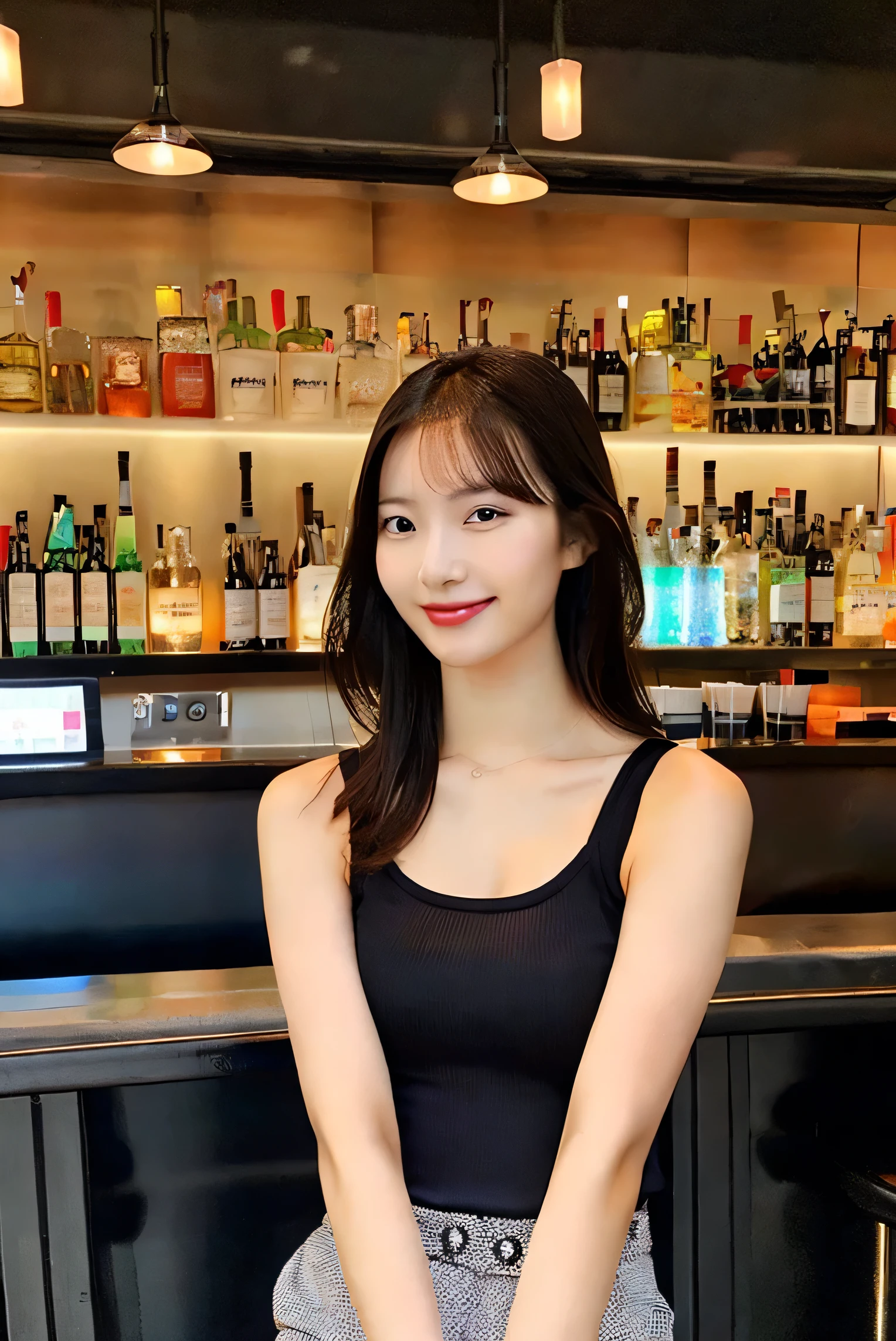 araffe-woman-sitting-at-a-bar-with-a-lot-of-bottles-behind-her-seaart-ai