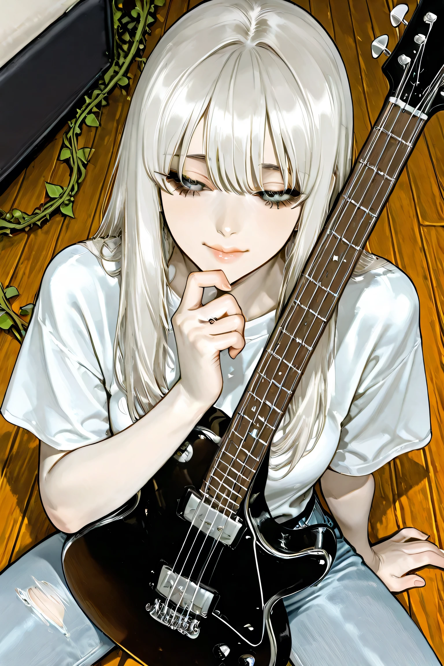 A calm emo woman sits cross-legged on a weathered wooden floor, her stark white hair falling in soft waves around her face. Her pale skin is adorned with intricate black tattoos—symbols, vines, and constellations that tell silent stories. She cradles a sleek black guitar, her fingers gently plucking a soothing, introspective melody. Her dark eyeliner contrasts with her serene expression, and her piercing gray eyes reflect a quiet depth. She wears a loose band tee and ripped jeans, her presence both edgy and tranquil. The room is softly lit, her music filling the air with a peaceful, melancholic harmony.