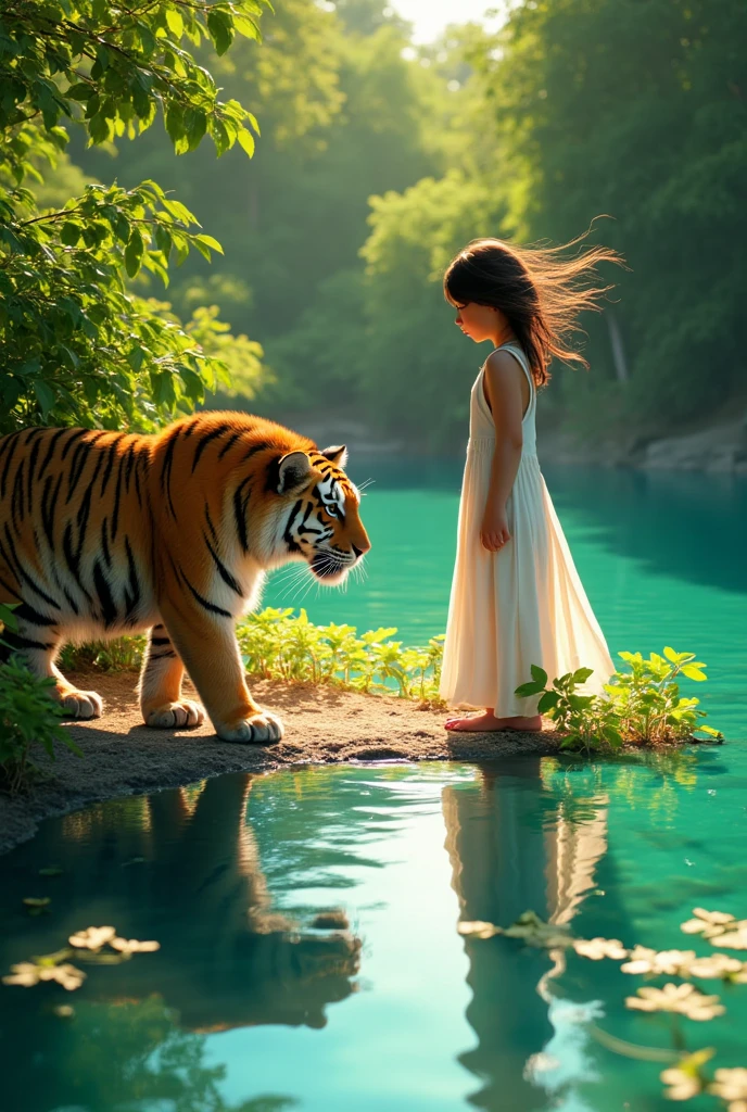full lenght a full-body picture of a young girl, beautiful and sweet, in a flowing light yellow Thai dress, a pink shawl over her shoulders, and two large, fearsome, magnificent, beautiful white tigers with sea-blue eyes, playing in a small pool of water until the water splashes, in a tropical forest, a refreshing atmosphere, amidst the beauty of a small field of colorful flowers around a clean, beautiful pool, glowing with sparkling light, 3D picture, oil painting, sharp picture, art picture of Professor Chalermchai
