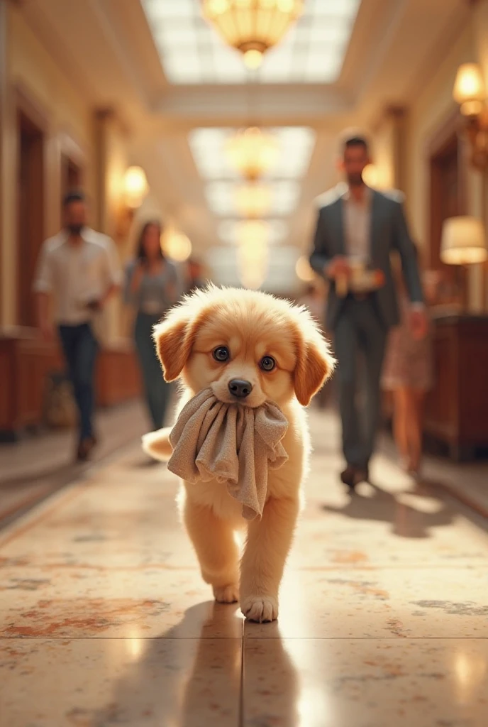 A puppy working in hotel as supplying