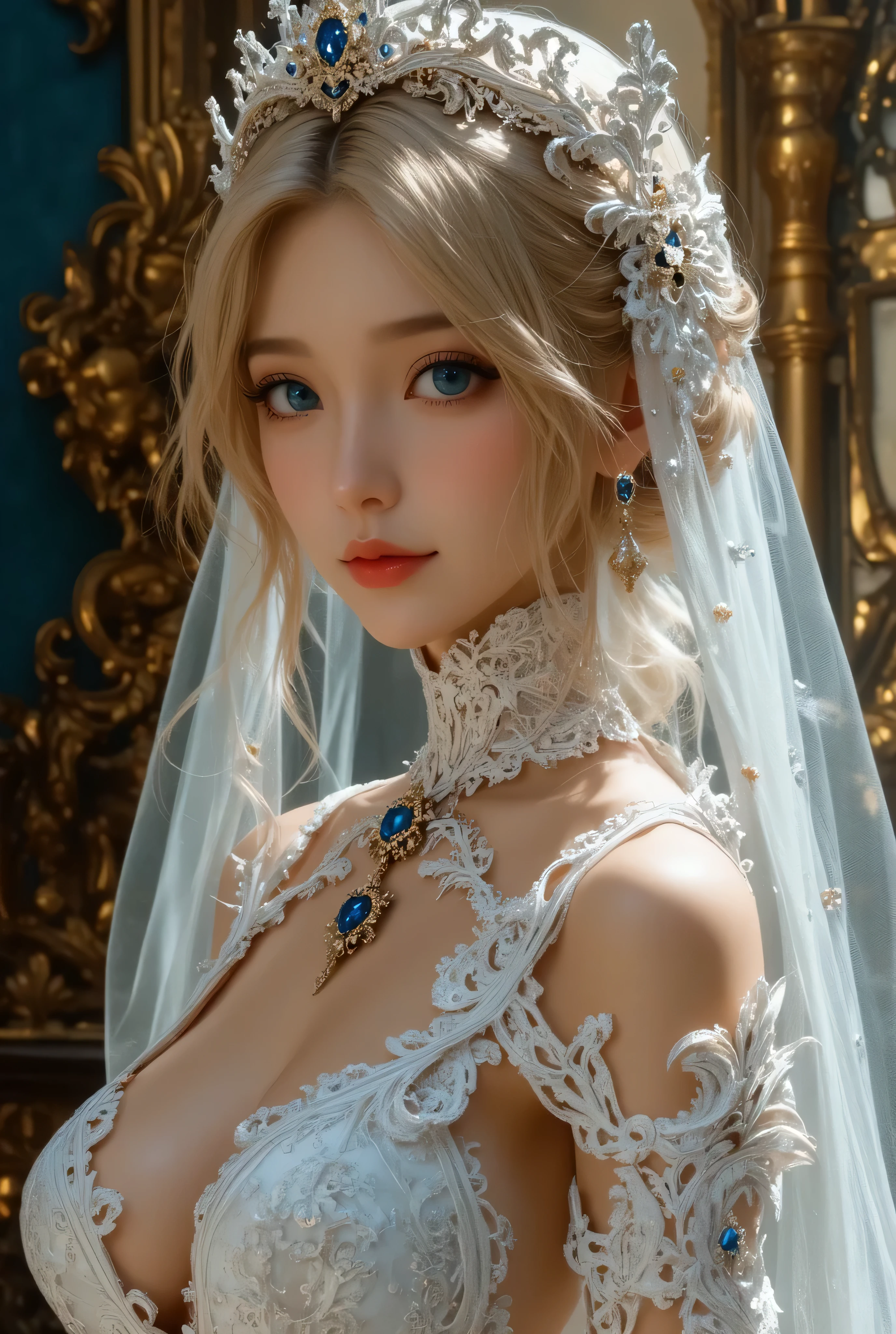 16K, ultra hd, masterpiece, portrait Azura Grace, detailed eyes, very long hair, impressive hairstyle, earings, necklace, big breasts, see-through, latex veil corset dress, Light-colored foundation brings out the, against the background of Manhattan