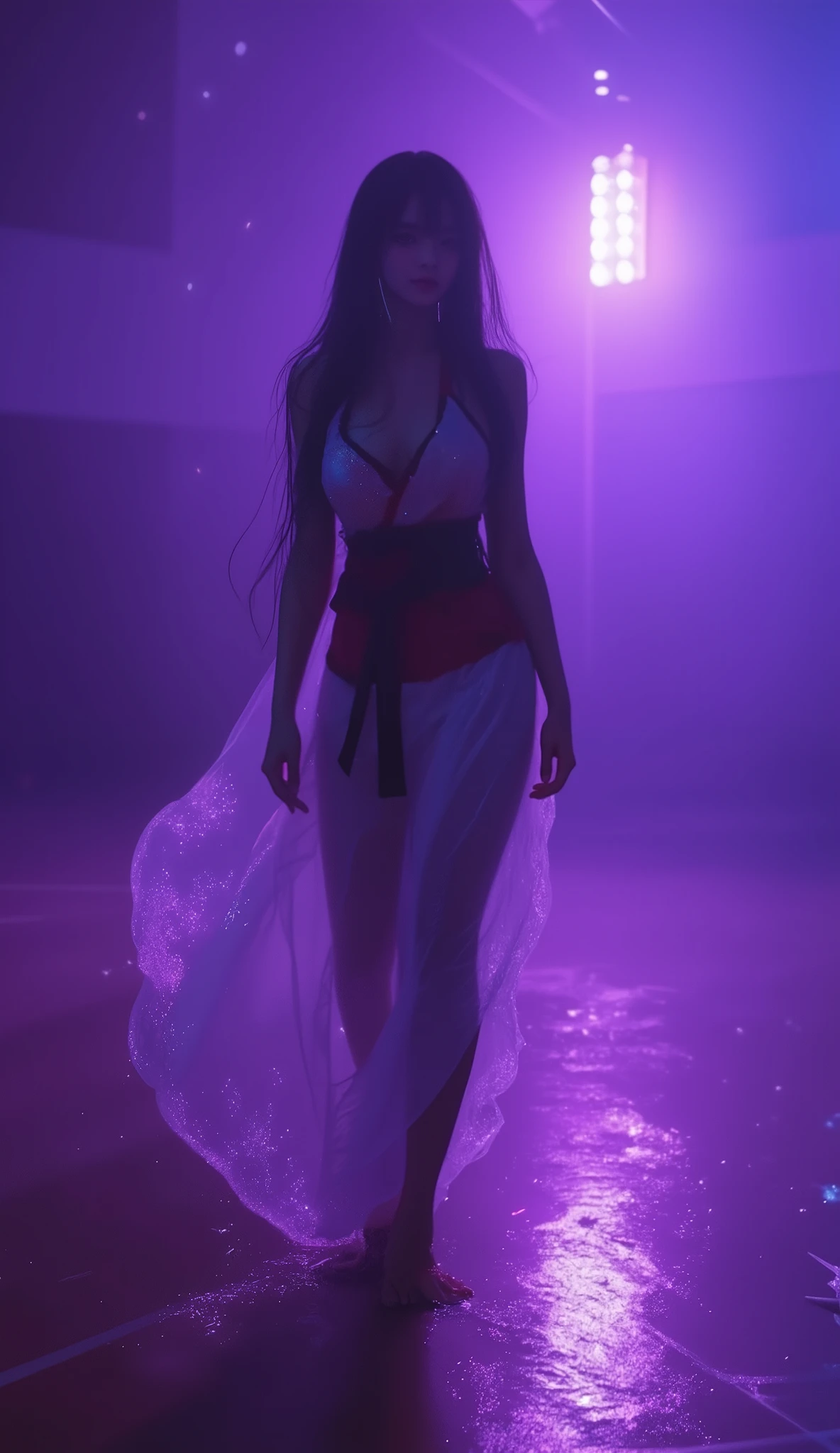nsfw, . very accurate, Absolute Deminal, masterpiece. Beautifu, solo sexy girl, (A Mysterious Transfer Student, wearing Traditional Japanese shrine maiden outfit:1.8),Standing alone in the school gym, surrounded by a purple aura, a gloomy image, completely wet, very long wet hair