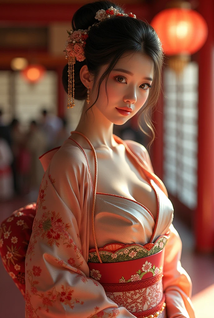 a beautiful japanese woman wearing an ornate kimono with intricate embroidery, extremely large breasts, dark lighting, cinematic, artistic composition, looking at viewer, masterpiece, ultra-detailed, 8k, photorealistic, chiaroscuro lighting, elegant, refined, graceful, serene, mystical, atmospheric