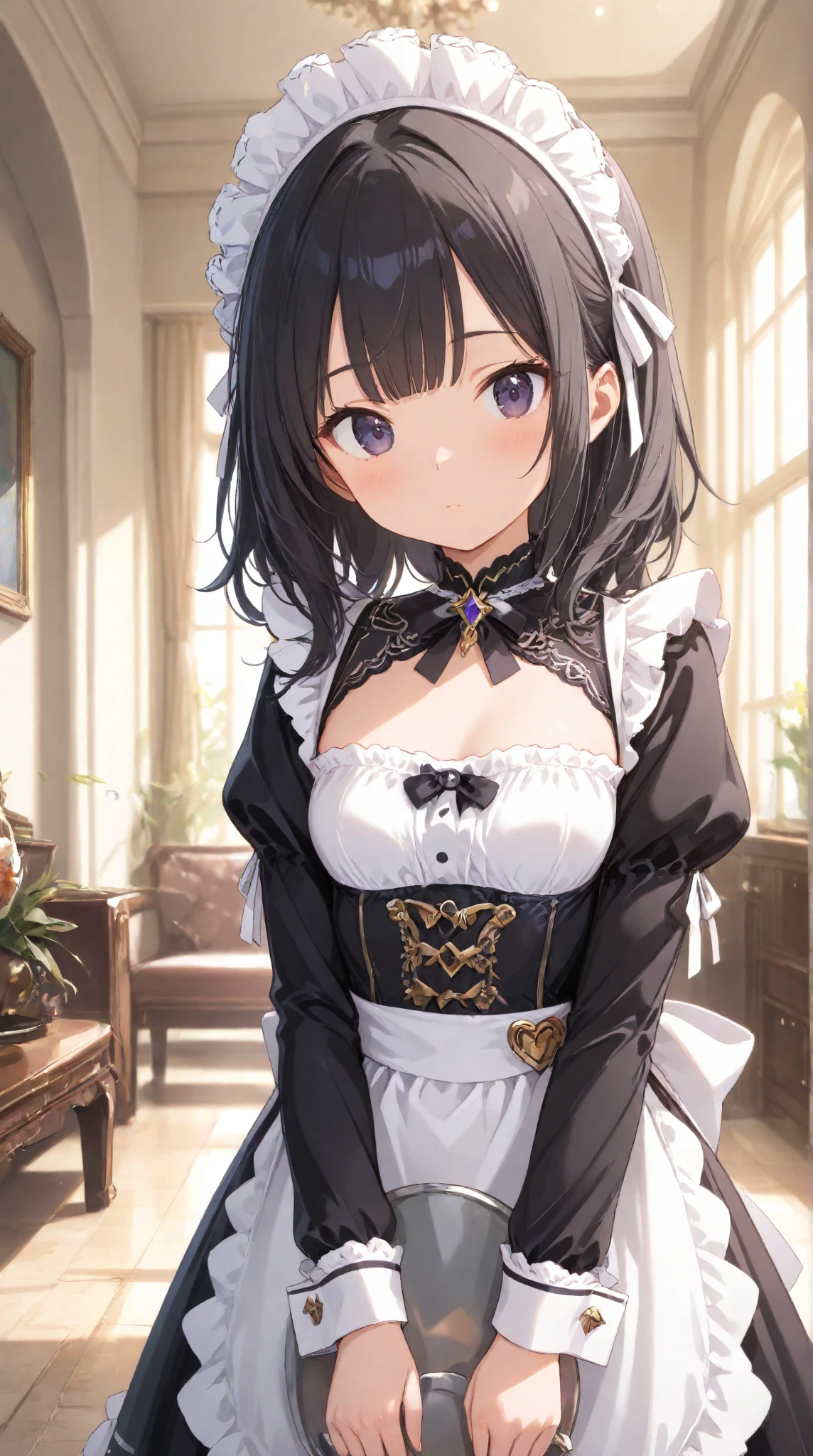 Mulher de seiso grandes, super maid dress, com 3 homens negros ao seu redor