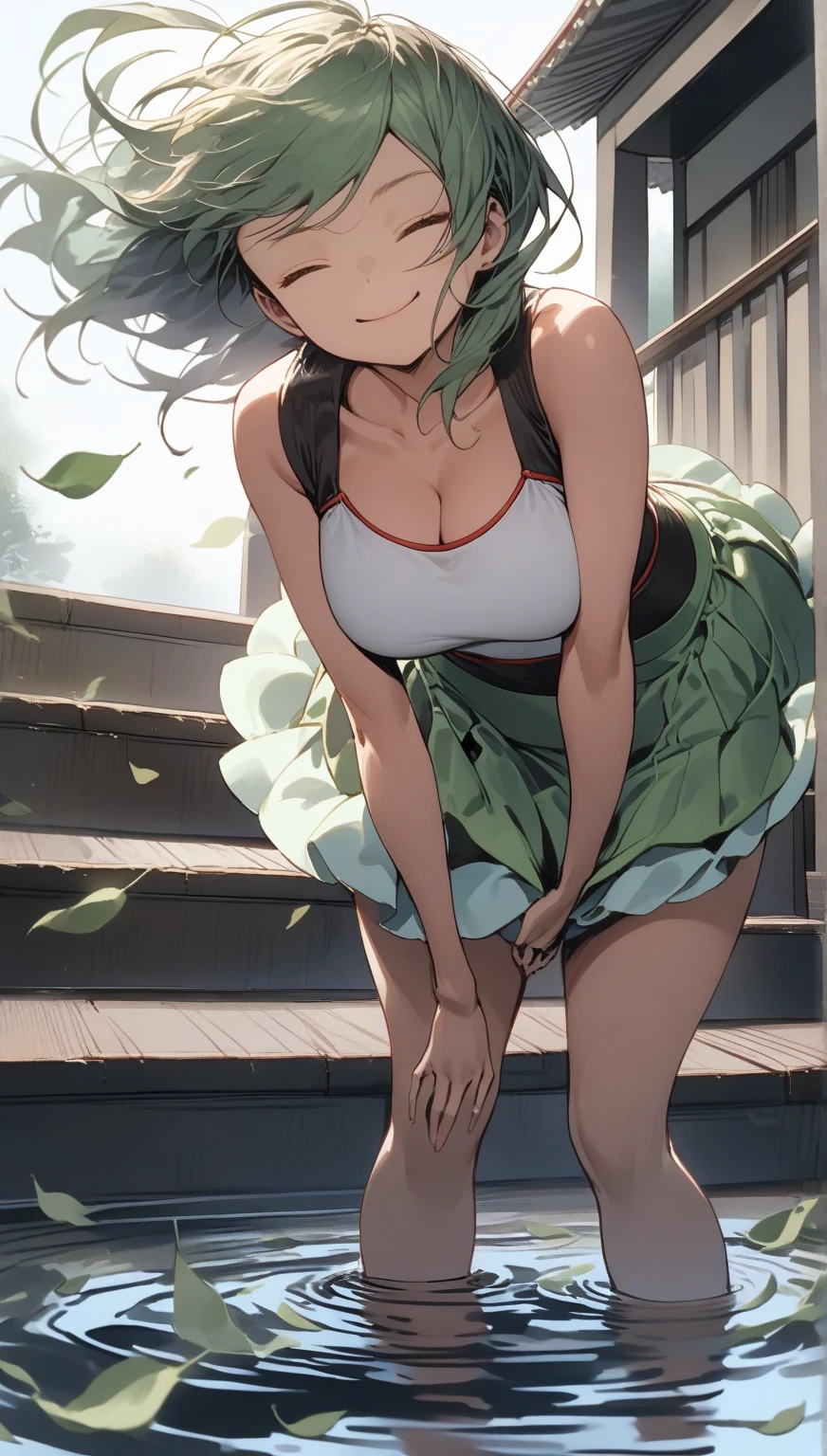 NSFW,Green cheongsam with slits,One Woman, 27 years old, 28 years old, whole body,Full Art,Big Breasts,Cute Liane, Gold Tiara, Pearl Necklace, Brown Hair,Green eyes,Jade hairpin,Skirt flipped up by the wind,Black color Micro pantie,Kicking movement