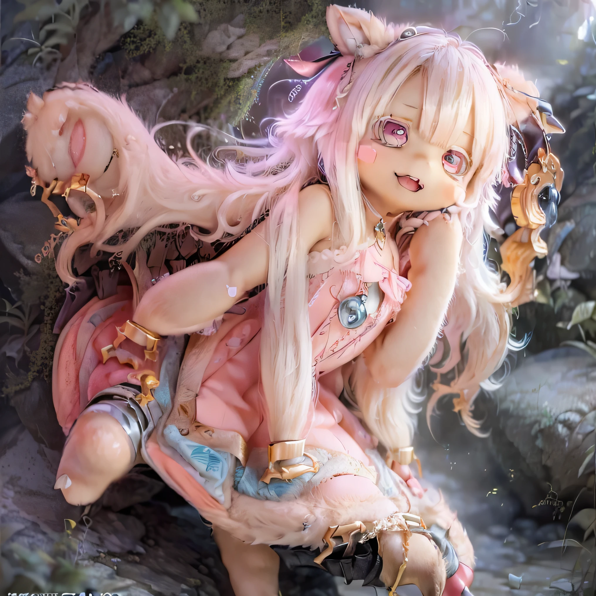 , smile, Photorealistic rendering with a warm and bright atmosphere . Similar to a forest setting , it combines , beautiful eyes and lips . ((( Photorealistic rendering similar to the character style of Chibi ,))) . image quality is excellent , Illumination highly detailed and realistic features that create a warm and bright atmosphere . The medium of this work is、 I created an illustration .. The colors are vivid、 illumination、 Made in Abyss 、use 。 full body((((( cute pink dress ))))) cute pose