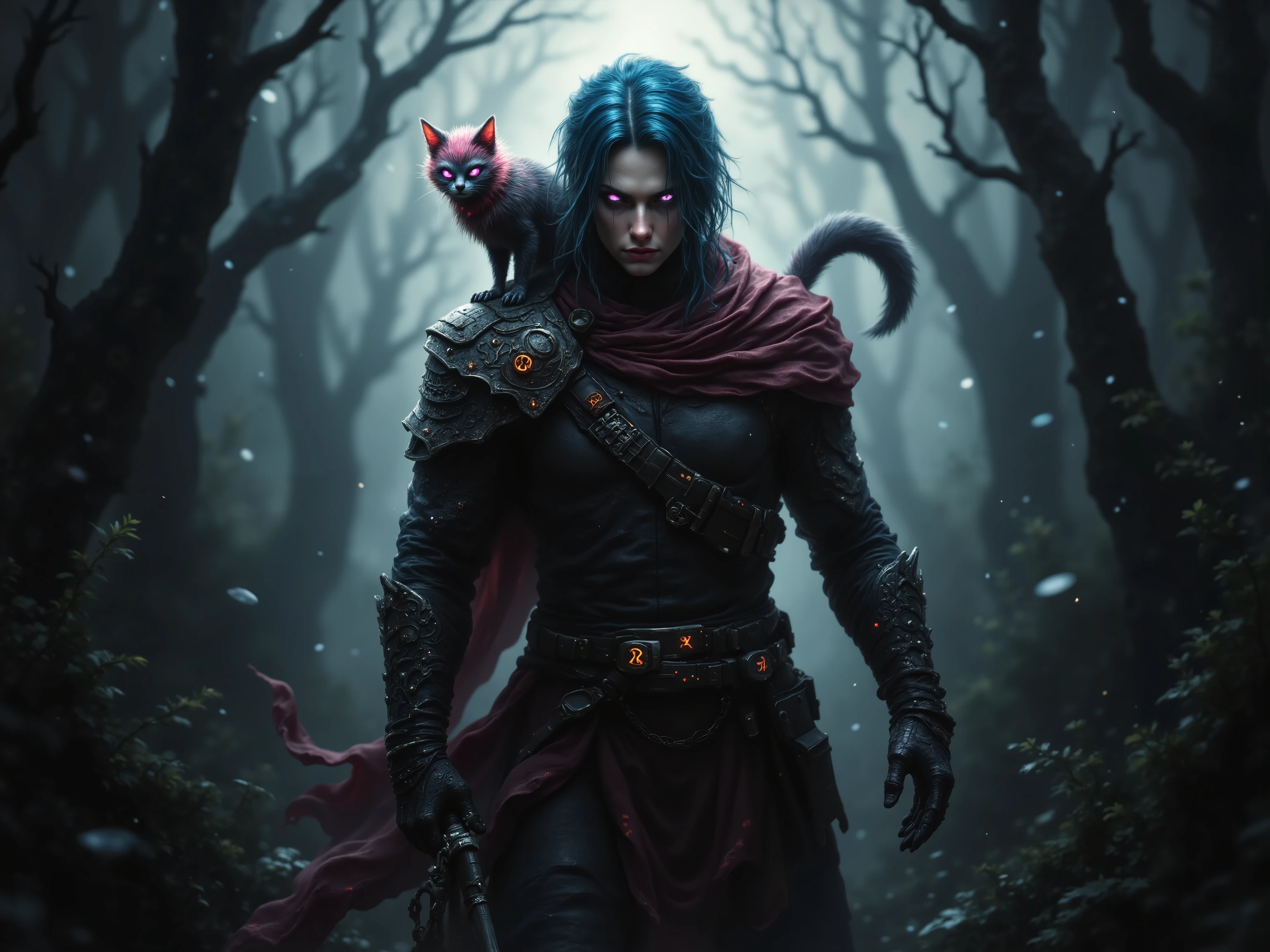 A towering figure moves silently through a shadowy, otherworldly landscape, his dusky blue hair glowing faintly in the dim light, partially tied back with loose strands cascading over his shoulders. His crimson eyes pierce through the gloom, scanning the darkness with a sharp, focused gaze. Clad in dark, intricately designed armor layered over skin-tight leather, he carries an ebony claymore strapped to his back, its jagged edges faintly illuminated by red runes. A dark ruby cloak flows behind him, blending seamlessly with the swirling black mist that surrounds them. Perched effortlessly on his shoulder is a tiny, cat-like humanoid: Nekomusume with bright pink fur on her ears and tail, and short, unevenly cut pink hair that frames her delicate face. Her violet eyes glow faintly, reflecting the eerie light, and her long, fluffy tail sways with a playful yet deliberate rhythm. She wears a ragged, oversized forest-green tunic cinched at the waist with a simple leather belt, her small pouch hanging at her hip. Her tiny claws rest lightly on his shoulder, and her expression is a mix of curiosity and mischief, as if she’s both a protector and a trickster. The air is heavy with an eerie stillness, broken only by the faint rustle of the mist and the occasional soft purr from the small figure. The atmosphere is haunting and surreal, a perfect reflection of their resilience and the unspoken bond between them. Art style: dark fantasy, highly detailed, inspired by gothic and surreal art, with a focus on contrast between light and shadow, muted colors with accents of crimson, pink, and silver, hauntingly beautiful.