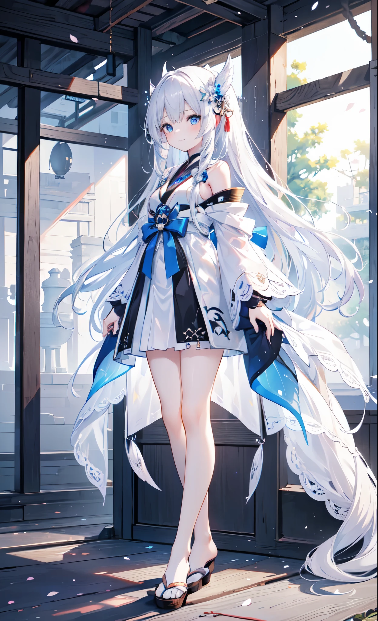 (Overhead view),dynamic angle,ultra-detailed, illustration, close-up, straight on, 1girl, (fantasy:1.4), (azure blue eyes:1.233),Her eyes shone like dreamy stars,(glowing eyes:1.233),(beautiful and detailed eyes:1.1),(Silver hair:1.14),(messy hair,very long hair,french braid,hair between eyes,sidelockule hair flower:1.14)),(chiffon dress,bule flower pattern in uniform)/=(military uniform:1.24),(detached sleeves,wide sleeveingerless gloves),choker,(miko thighhighs),High heeled bootpressionless,closed mouth),(standing), (classical Princess boudoir with dressing tableand french windowin a white ancient palaces),(white flowers,bloom),(abysmal sea),(flowing water),(a dull blue world tree:1.14),(ruins),(night:1.2),dreamy,soul,(fluorescence),(flying translucent blue butterflies:1.15), [[delicate fingers and hands:0.55]::0.85],(detail fingers),(yubao:0.5),