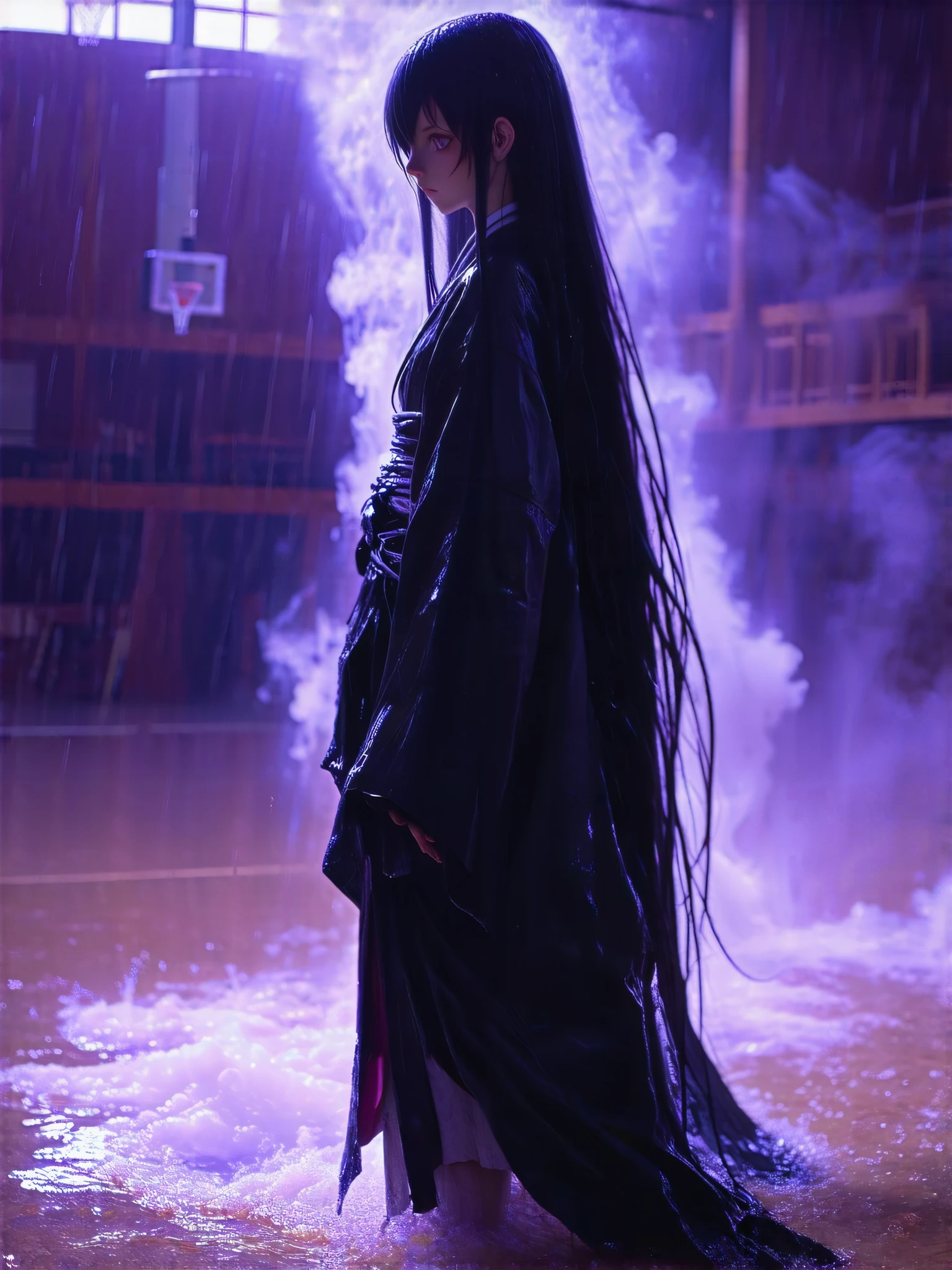 nsfw, . very accurate, Absolute Deminal, masterpiece. Beautifu, solo sexy girl, (A Mysterious Transfer Student, wearing Traditional Japanese shrine maiden outfit:1.8),Standing alone in the school gym, surrounded by a purple aura, a gloomy image, completely wet, very long wet hair