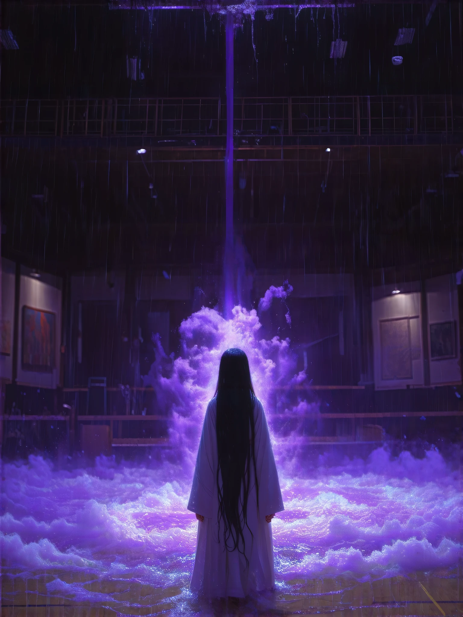 nsfw, . very accurate, Absolute Deminal, masterpiece. Beautifu, solo sexy girl, (A Mysterious Transfer Student, wearing Traditional Japanese shrine maiden outfit:1.8),Standing alone in the school gym, surrounded by a purple aura, a gloomy image, completely wet, very long wet hair