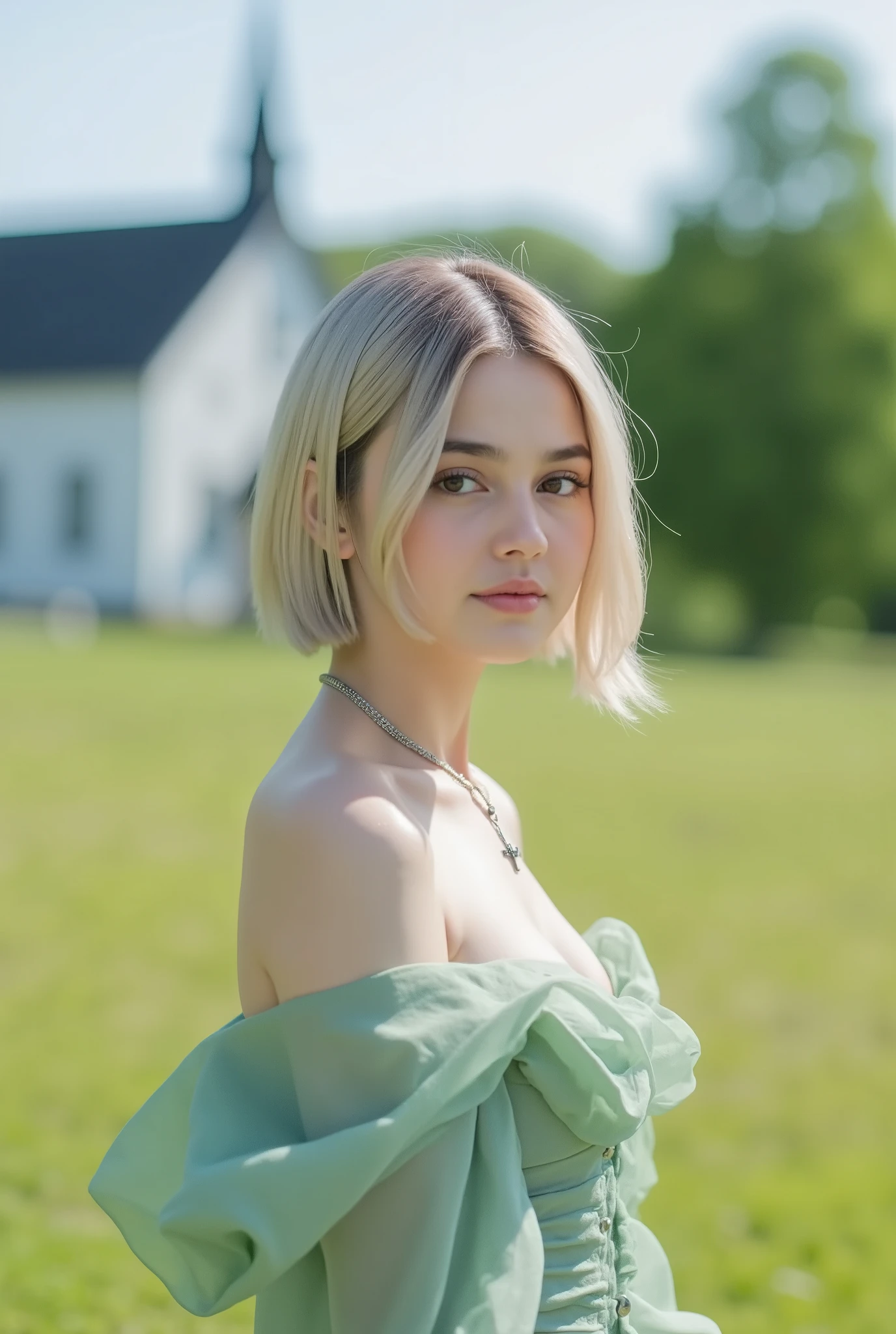 (( masterpiece)), (( Top Quality)), ( beautiful Scandinavian girl ), Full Body Image、Transfer sideways、 small veil of thin silk on my head 、 her hair is platinum blonde 、The hairstyle is a straight short bob 、 perfectly detailed eyes, faces drawn in perfect detail , Ultra Detailed Nose , small open mouth , Attractive, dewy breasts 、Light Green See-through Dress with Open Chest、High accuracy real face, Slim waist、long legs、barefoot、 necklace with a cross on my neck , depth of field, Hi-Res, (( realistic skin texture)), thin lips, green々Grassland、Church in the distance、There is a big Kanekusai tree next to it
