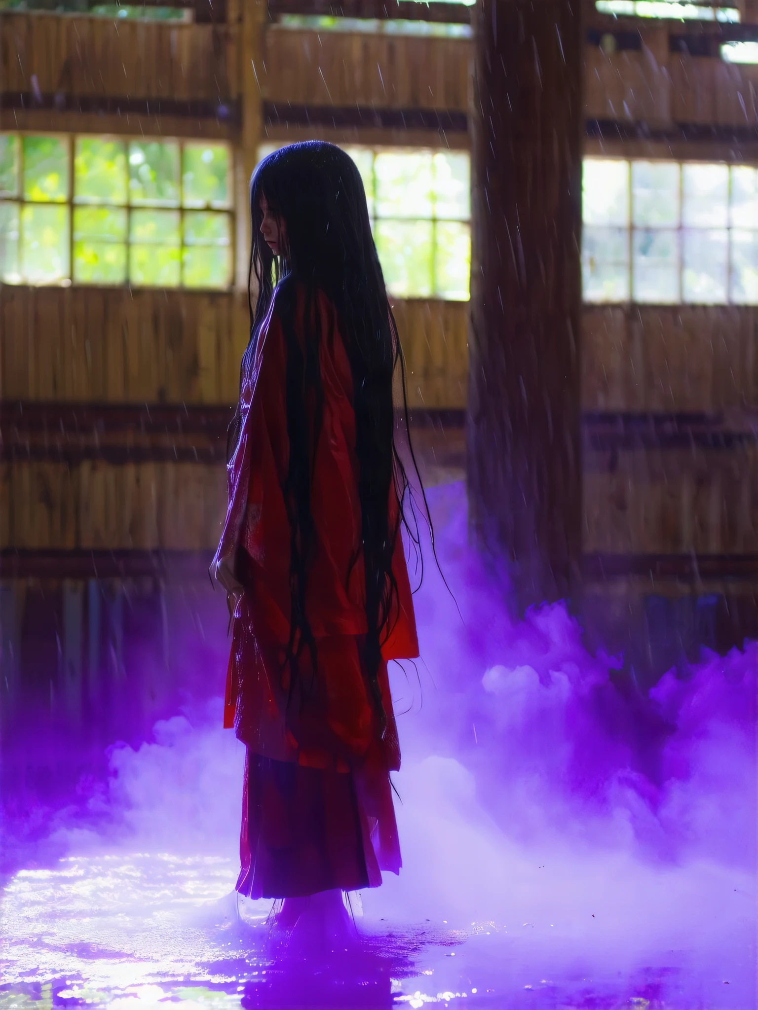 nsfw, . very accurate, Absolute Deminal, masterpiece. Beautifu, solo sexy girl, (A Mysterious Transfer Student, wearing Traditional Japanese shrine maiden outfit:1.8),Standing alone in the school gym, surrounded by a purple aura, a gloomy image, completely wet, very long wet hair