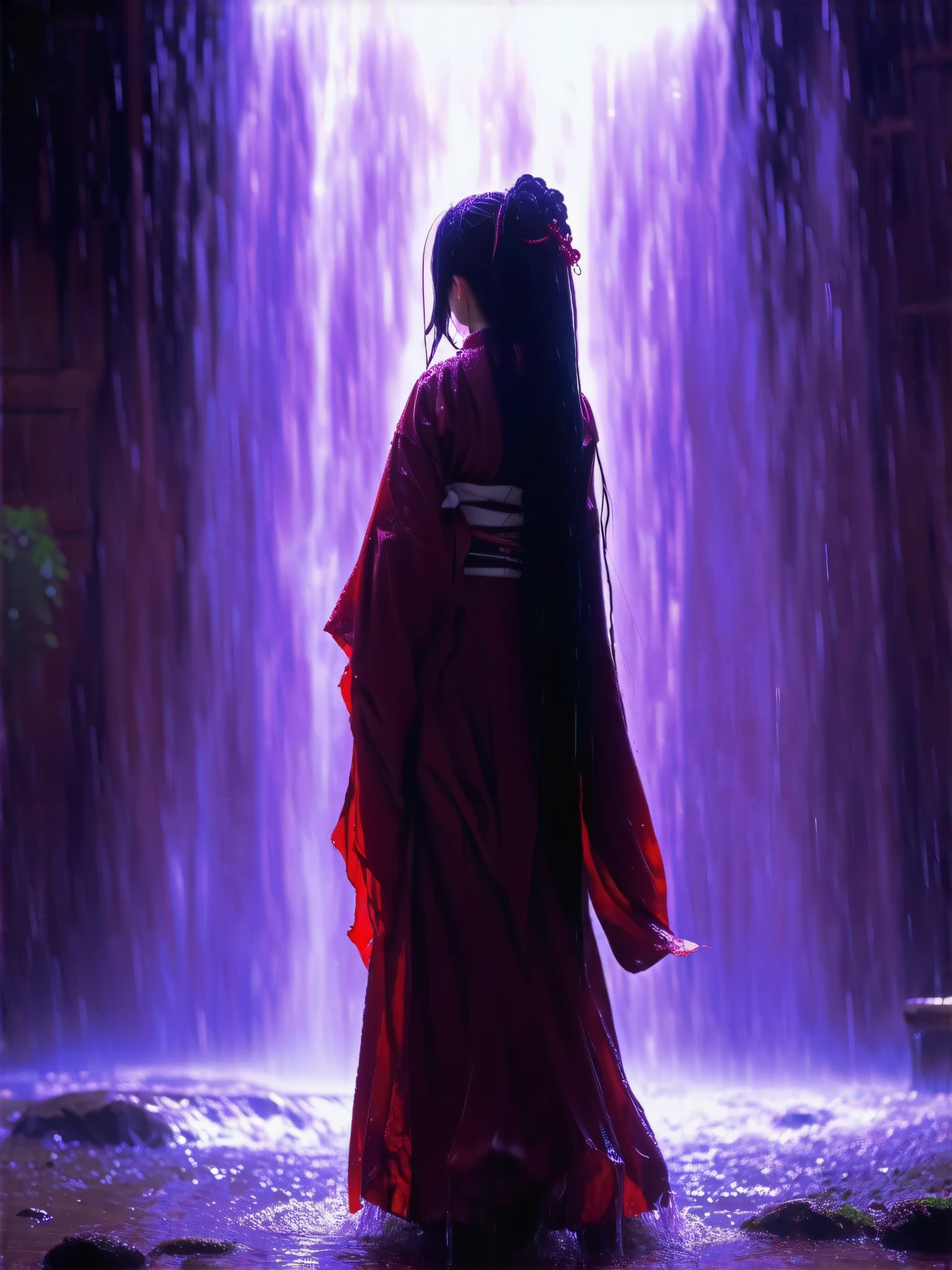 nsfw, . very accurate, Absolute Deminal, masterpiece. Beautifu, solo sexy girl, (A Mysterious Transfer Student, wearing Traditional Japanese shrine maiden outfit:1.8),Standing alone in the school gym, surrounded by a purple aura, a gloomy image, completely wet, very long wet hair