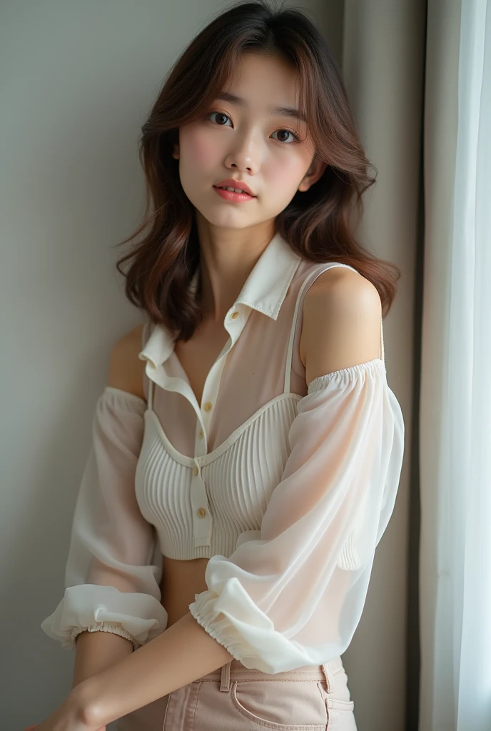 top-quality、masterpiece、hight resolution、1girl in、solo、Raw photo、Real person、Detailed skin、japanes、brawn hair、thin bunches of bangedium Hair、Curly hair、Floating hair、fullllbody,cropped shirt、White Room、catchlight