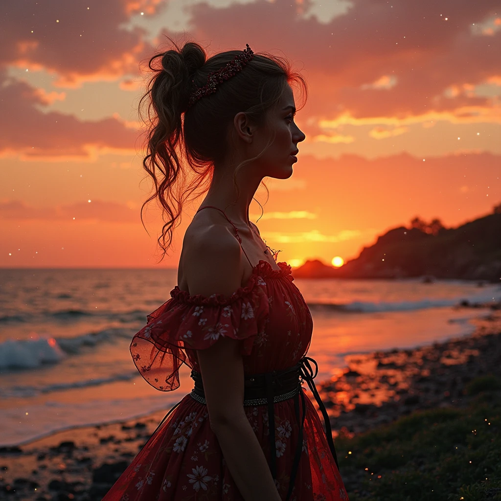 haute qualité, Ultra HD 8K, Une belle double exposition qui combine une silhouette de déesse avec une côte au coucher du soleil, la côte au coucher du soleil servant de toile de fond sous-jacente, avec ses détails intégrés à la déesse, lignes nettes, Le fond est monochrome, mise au point nette, double exposition, par yukisakura, superbe plein de couleurs.
