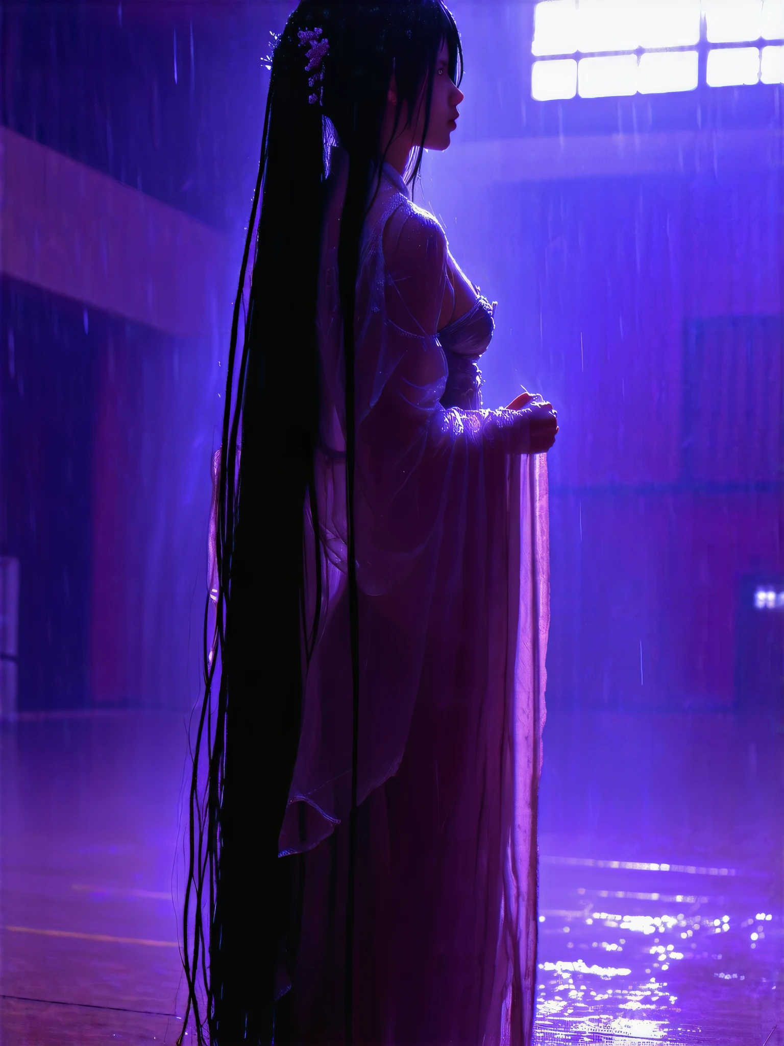 . very accurate, Absolute Deminal, masterpiece. Beautifu, solo sexy girl, (A Mysterious Transfer Student, wearing transparent Traditional Japanese shrine maiden outfit, Big Breasts、deep cleavage、:1.8),Standing alone in the school gym, surrounded by a purple aura, a gloomy image, wet, very long wet hair