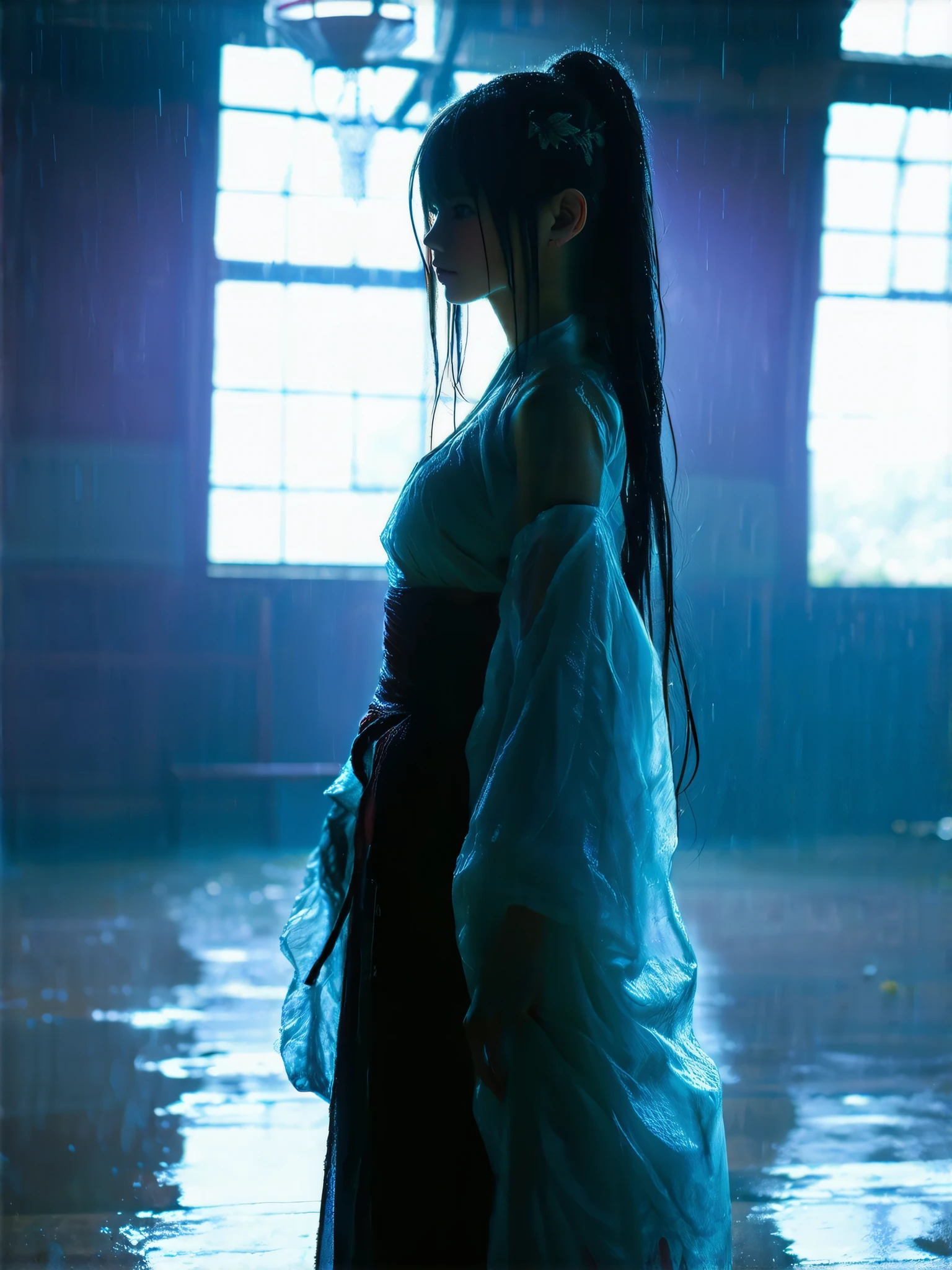 . very accurate, Absolute Deminal, masterpiece. Beautifu, solo sexy girl, (A Mysterious Transfer Student, wearing transparent Traditional Japanese shrine maiden outfit, Big Breasts、deep cleavage、:1.8),Standing alone in the school gym, surrounded by a purple aura, a gloomy image, wet, very long wet hair