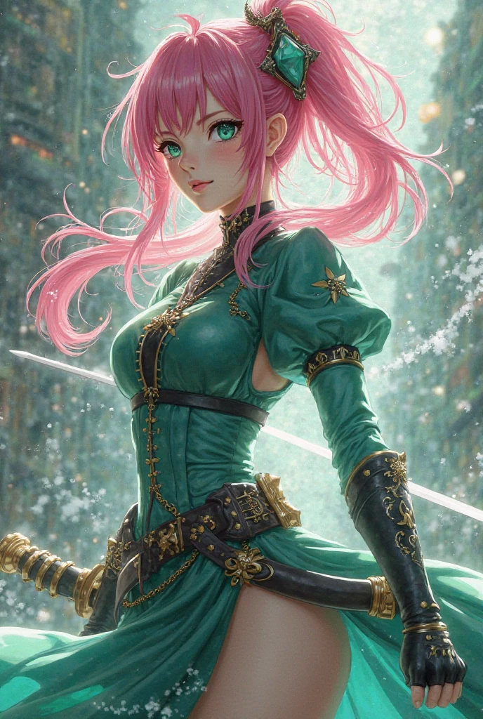 nsfw:1.1, high resolution:1.7, incredibly absurdres, kawaii:1, cute:1.5, hires.fix,incredibly fine illustration,8k,masterpiece:1.2,best quality, high quality, exquisite,beautiful,insanely detailed,intricate detailed, extremely detailed, Super Definition, ultra high res, Super Resolution, best aesthetic, ultra detailed:1.5, best quality, perfect face, detailed face,illustration:1.2, 8k cg wallpaper, stunning art,absurdres,octane render,ultra hires,(Idol),16yo,Beautiful,(Cute and lovely girl with beautiful pink hair),((((twintails)))),heart shaped hair ornament,(((green_eyes:1.3))),intricate eyes,beautiful detailed eyes,symmetrical eyes,big eyes:1.5,enchanting bright eyes studded with gold and silver dust,(((pinky and glowing_skin,shiny body,plastic glitter skin,exaggerated shiny skin,illuminated skin))),upward breasts,waist slender,(detailed body,(detailed face)),cute,daring,zettai ryouiki,cameltoe,pussy line,show skin,best relationship with four fingers and one thumb,(Perfect Anatomy),smile,embarrassed,blush stickers,Garter Belt,Bare shoulders,Check out our thru-rack chokers and midi rings with chains,white micro skirt,torn clothes,broken clothes,pussy, (holding white flame sword:1.5), (holding blue energy sword:1.3), (purple flame katana:1.3), (swing a purple flame sword:1.3),battle,fight,(action pose: 1.4),(vengeful spirit come's attack), (vs vengeful spirit),wide shot,highres,sharp focus,(ultra detailed,extremely detailed),(photorealistic artwork:1.37),(extremely detailed CG unity 8k wallpaper),(((vibrant colors,vibrant theme))),(intricate),full body,(perfect body),standing,