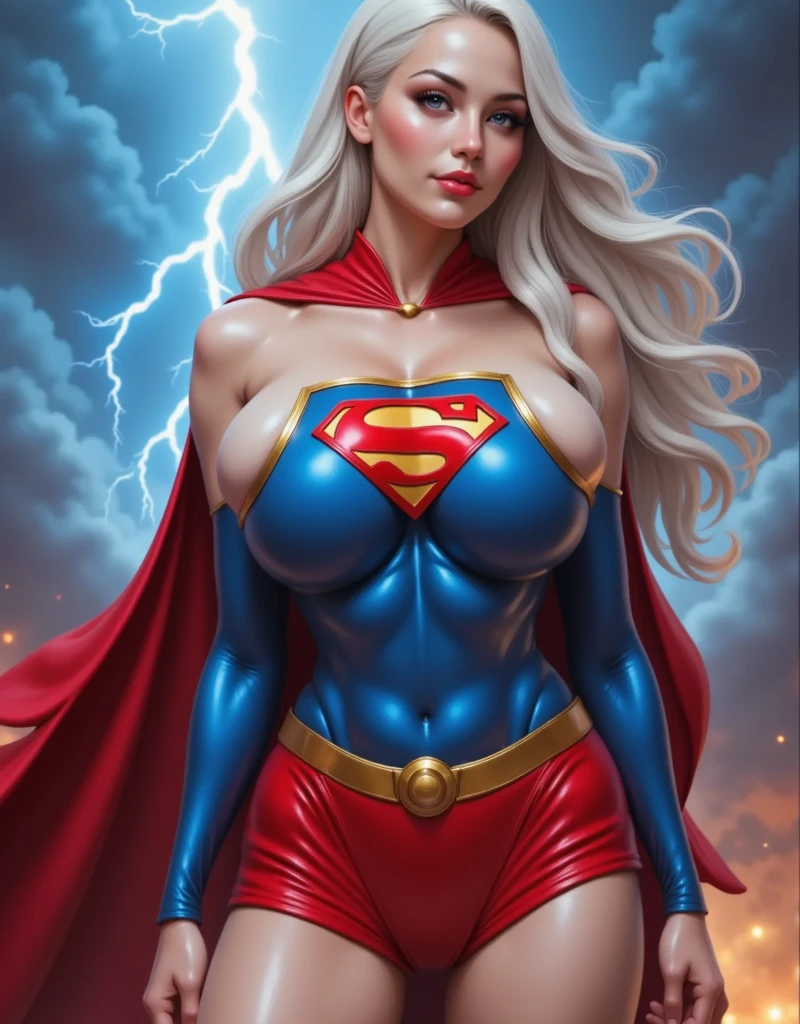 ragingstorm Storm brown eyes, superhero, ((red bodysuit)), (huge breasts:1.3, fakebreasts), best quality, hyper-detailed, intricate, extremely detailed, masterpiece, RAW, 8k UHD, extremely detailed face:1.3, detailed eyes:1.3, detailed body:1.3, (lightning, storm),