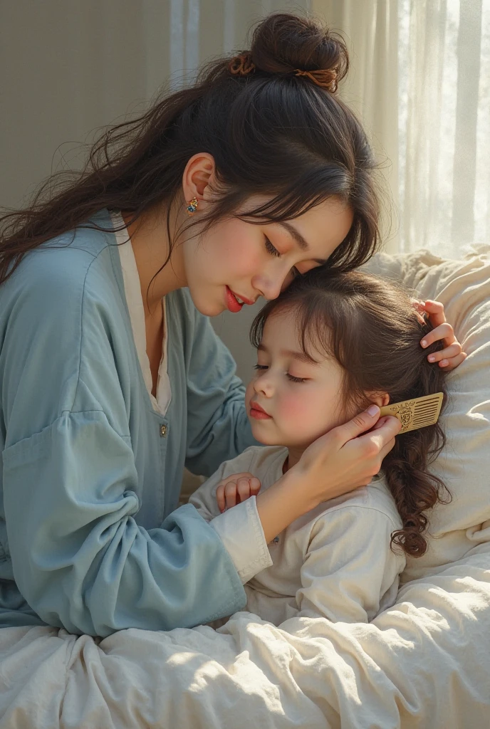 A mother and her little daughter wear a blue costume and comb her daughter's hair while they are sitting on the bed