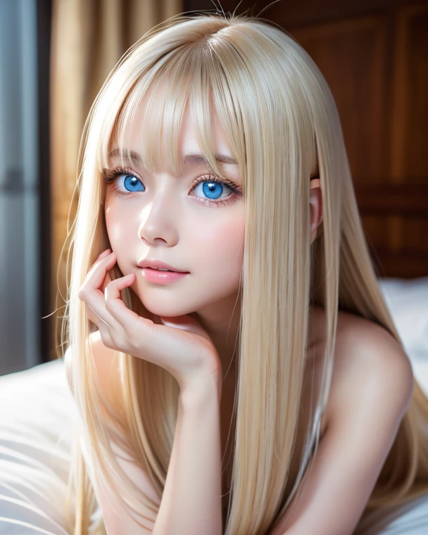Beautiful shy blonde girl in white panties and white t-shirt, beautiful green eyes, big tits, long blonde hair, at school, long thick bangs, ultra detailed hair, messy hair, most beautiful face in the world, hair golden, flirt, look at viewer, very cute, sexy, schoolgirl,h, bare shoulders, closed mouth.