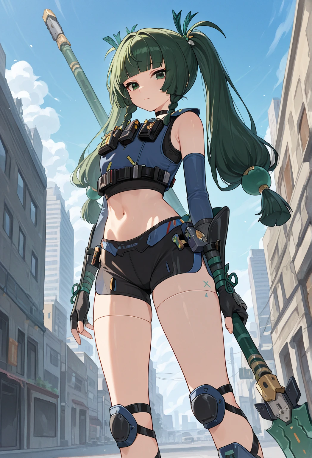 masterpiece, best quality, high resolution, extremely detailed CG, 1girl,  Transforming heroine, (serious:1.3), henshin belt, ((dark_blue_hair)), mecha belt, headgear, (red_scarf), mecha armored, thighs, thighs boots, roadshow, street, fighting stance, looking at viewer, hero posing,More Detail, blue sky