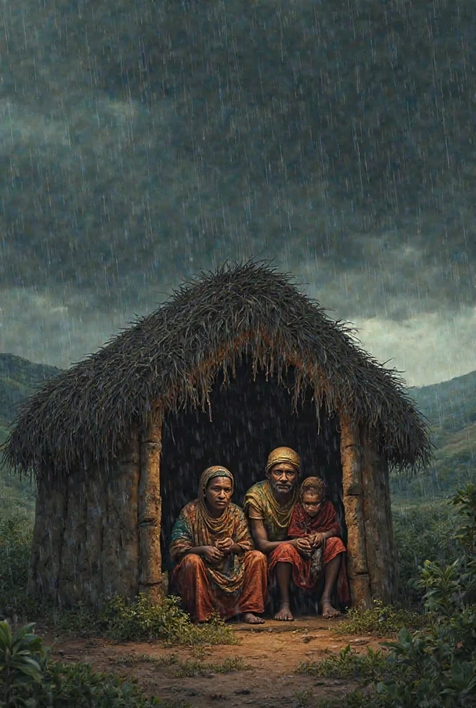 A indian poor family escaping from rain, together,
Clothes are tored, rain is falling upon them under a straw house, an invironment of heavy rain, a pencil sketch, a man, women children and grand father should be in their familly, family should be indian