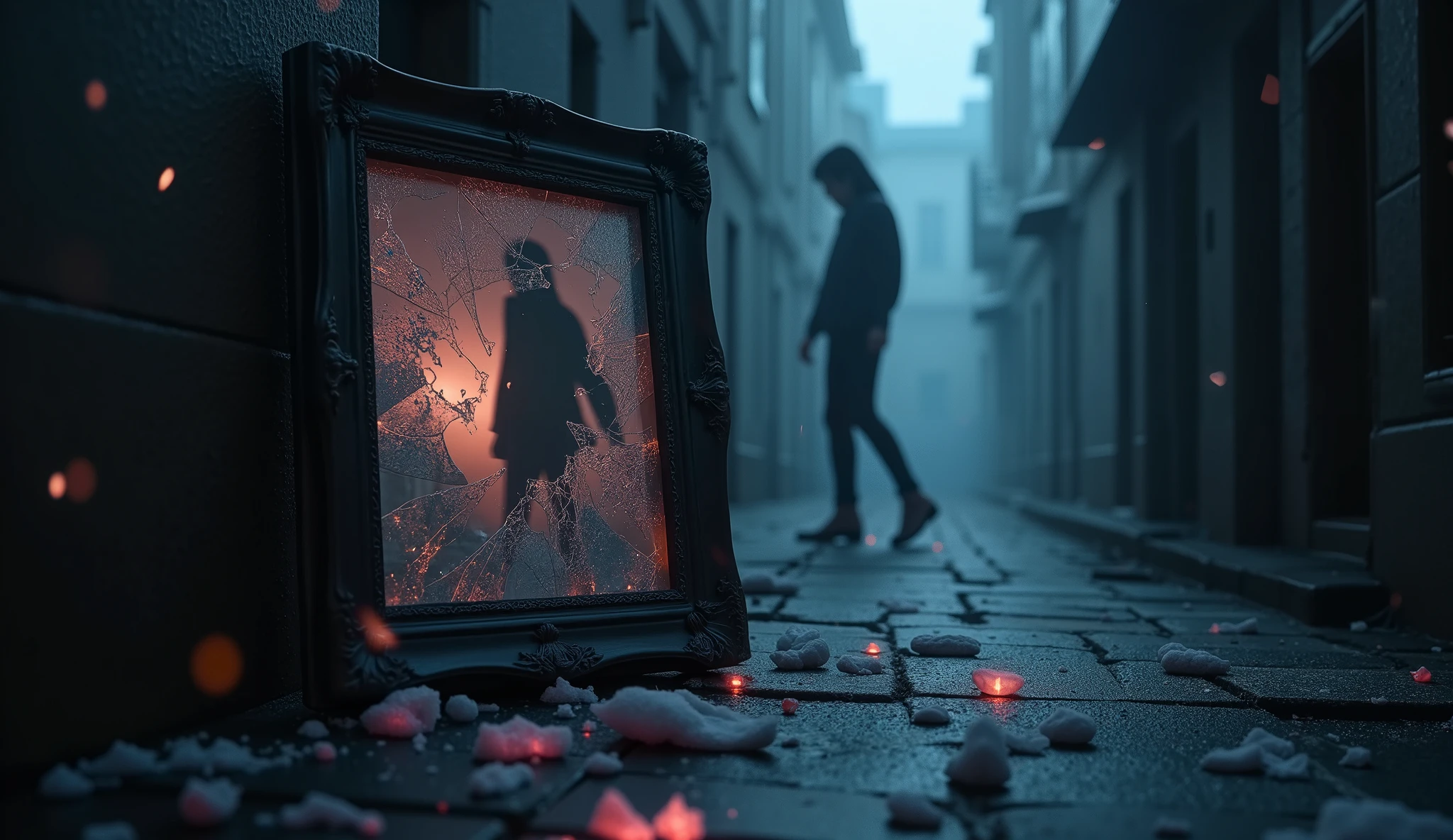 "Create a dark, moody background image with a mix of cold tones like deep blues, grays, and purples. Feature a shattered photo frame or mirror in the foreground, with pieces scattered across the scene, symbolizing broken memories and relationships. Include a faint, ghostly silhouette of a person walking away or fading into the background, representing the lost love and the desire to forget. Set the scene in a cold, empty room or a dimly lit urban alleyway to evoke a sense of isolation and despair. Add falling snow or rain to enhance the melancholy mood. Incorporate subtle cultural elements like floral motifs, batik designs, or glowing lanterns to resonate with Taiwanese, malaysian, and Vietnamese viewers. Highlight the key lyric '忘了就好' in bold, glowing text with the English translation 'Just forget it' below. use a modern , elegant font with a slight 3D effect. Add a touch of retro-futurism with subtle holographic accents and soft light streaks. The overall mood should feel heavy with sadness, regret, and a sense of being trapped in memories, appealing to a young, trend-savvy audience.