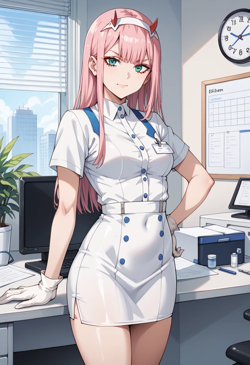 1woman, solo, nurse, white nurse cap, white nurse uniform, ((white legwear, zettai ryouiki)), white gloves, pink hair, green eyes, drooping eyes, pink lips, smile, standing, ((hospital room)), sharp outline, short sleeves, mature female, 32 years old, best quality, masterpiece