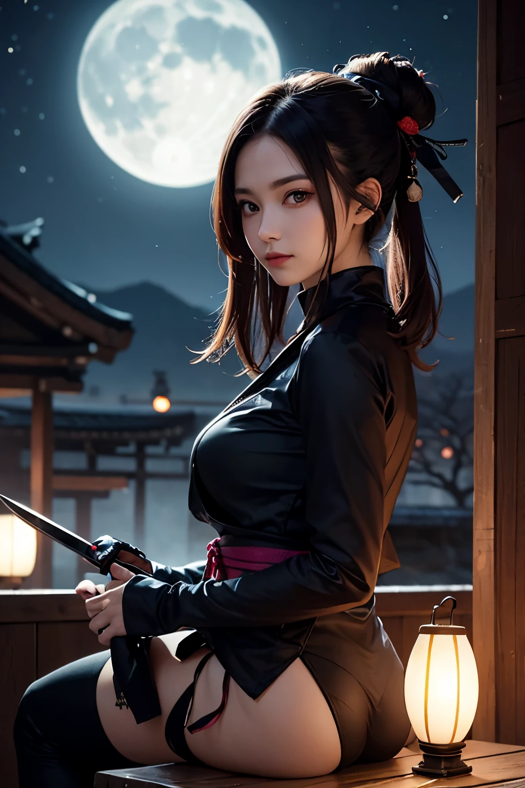 Beautiful female warrior in kimono、Stand with a lightsaber in a burnt field at night Looking back at me Big moon in the background Japanese ido Whip whip Smooth black hair heavy make up bright red lips full body Esbian Looking at the camera Asian Beauty a scene from a movie