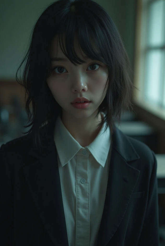 Mysterious Girl,The mysterious transfer student,Portrait of a transfer student with a strange atmosphere,ディテール豊かなrealisticなポートレート, lonely expression,Deep Eyes,Expression that makes you feel a little sad,Modest behavior,Dim classroom background,Soft Lighting,deep color,Delicate Textures,Photographic style,High Precision,realistic,professional , bokeh effects 