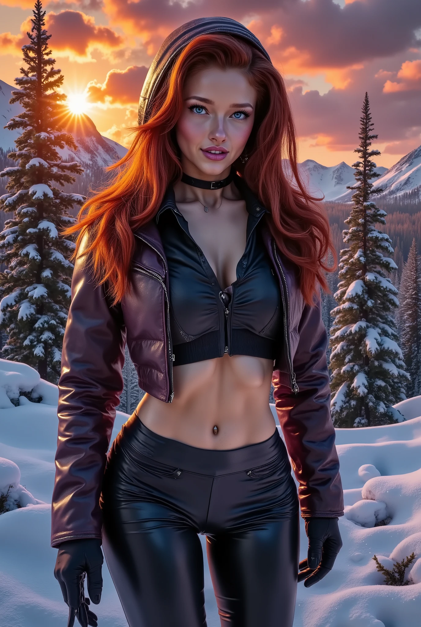 photorealism, full body, a beautiful woman with crimson hair, leather puffer down jacket & latex pants, leather choker, beautiful realistic eyes; fantastic face, beautiful look, warm dreamy lighting, white background, volumetric lighting, Alaskan resort landscape sunset background, pulp adventure style, fluid acrylic, dynamic gradients, vivid color, highly detailed, simple, smooth and clean, smooth, character design, 3d shading, cinematic, ornate patterns, elegant organic framing, hyperrealism, posterized, collection of masterpieces, lush vivid colors, twilight, wet gouache