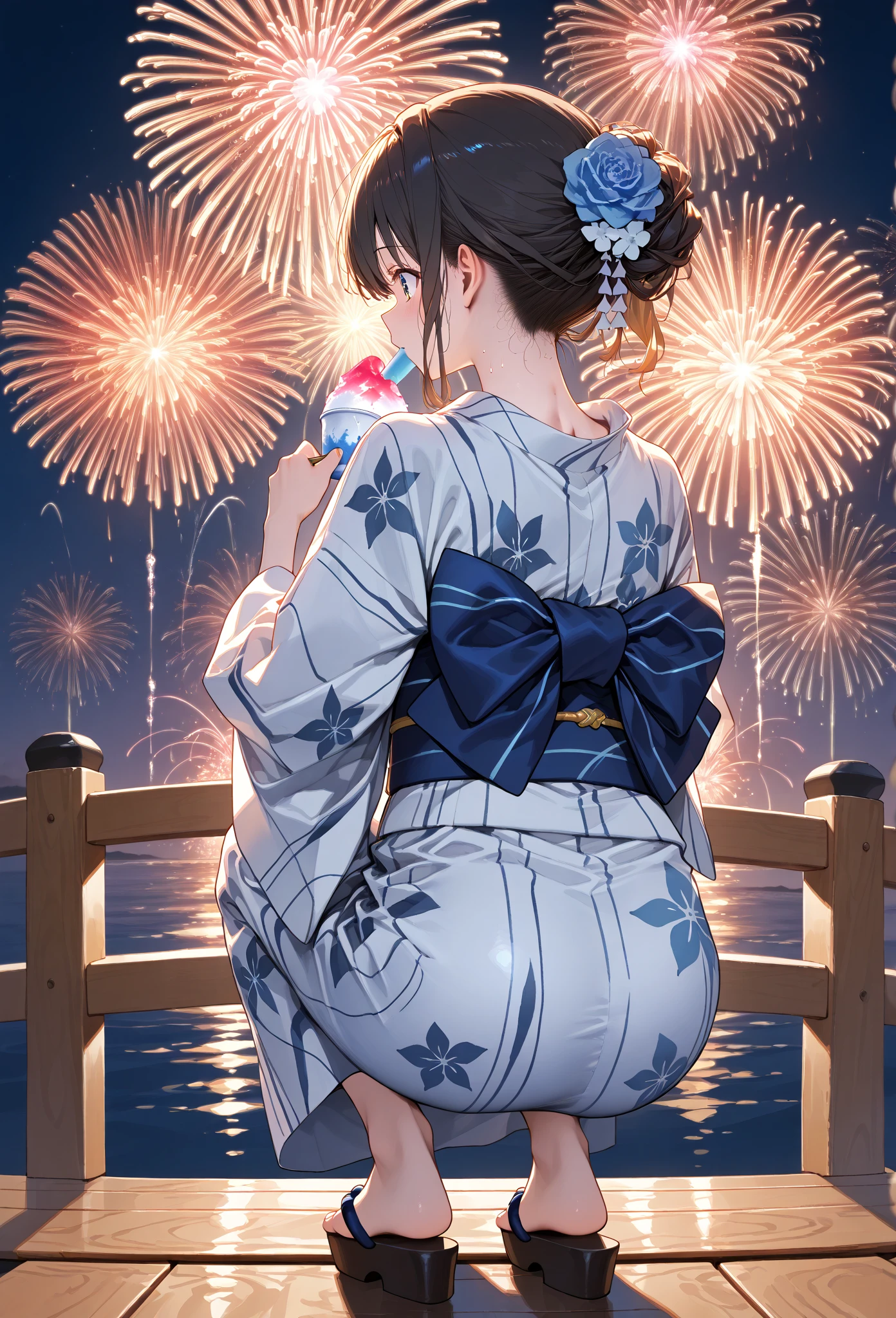 yukata, night, fireworks, 1girl, gigantic sagging breast, ahegao, cry, Drooling, Sexual climax、On all fours、