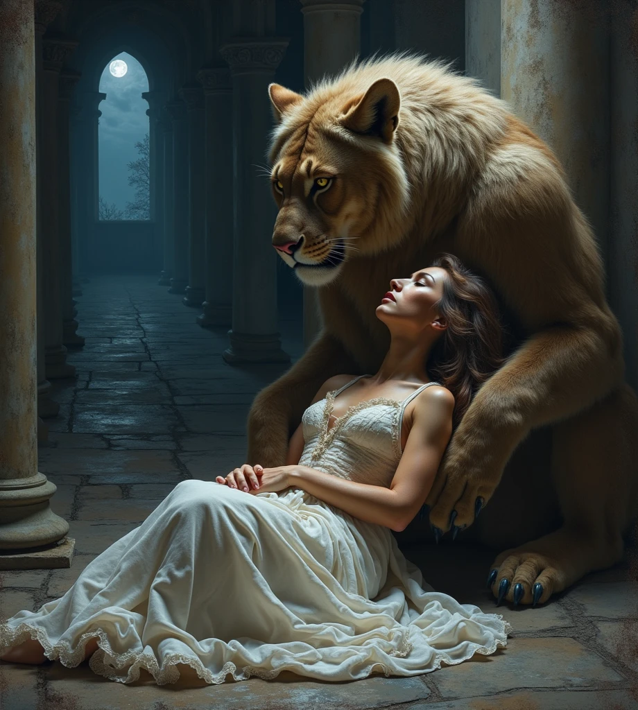 araffe woman sitting on a bed with a large lion, inspired by Cynthia Sheppard, by Cynthia Sheppard, by Yang J, by Li Song, gorgeous goddess of leo, inspired by Yoann Lossel, style of donato giancola, by WLOP, by Ni Tian, by Lin Liang, loish and wlop, by Chen Lin