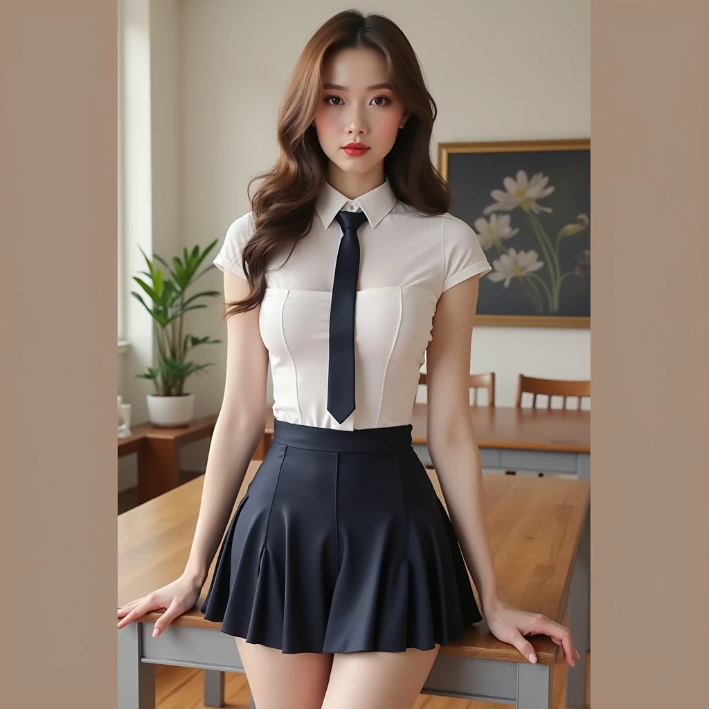 ulzzang-6500-v1.1, (Raw foto:1.2), (Photorealistic:1.4), beautiful detailed woman, very detailed eyes and face, Beautiful detailed eyes, Ridiculous, Unbelievably ridiculous., huge file size, A highly detailed, high resolucion, Very detailed, Best Quality, Masterpiece, Chemomimi, (((Japanese High School Uniform:1.3))), ((miniskirt:1.3)), Illustration, Very detailed, BAPV, integrated, 8K wallpaper, amazing, Fine details, Masterpiece, Best Quality, Highly detailed YTD uniform 8k wallpaper, light on the face, Cinematic lighting, (((1Girl))), 20yo, ((Dynamic Pose))), (camel toes), (((school classroom))) (standing posture), ((Pantyhose)), ((White panties)),