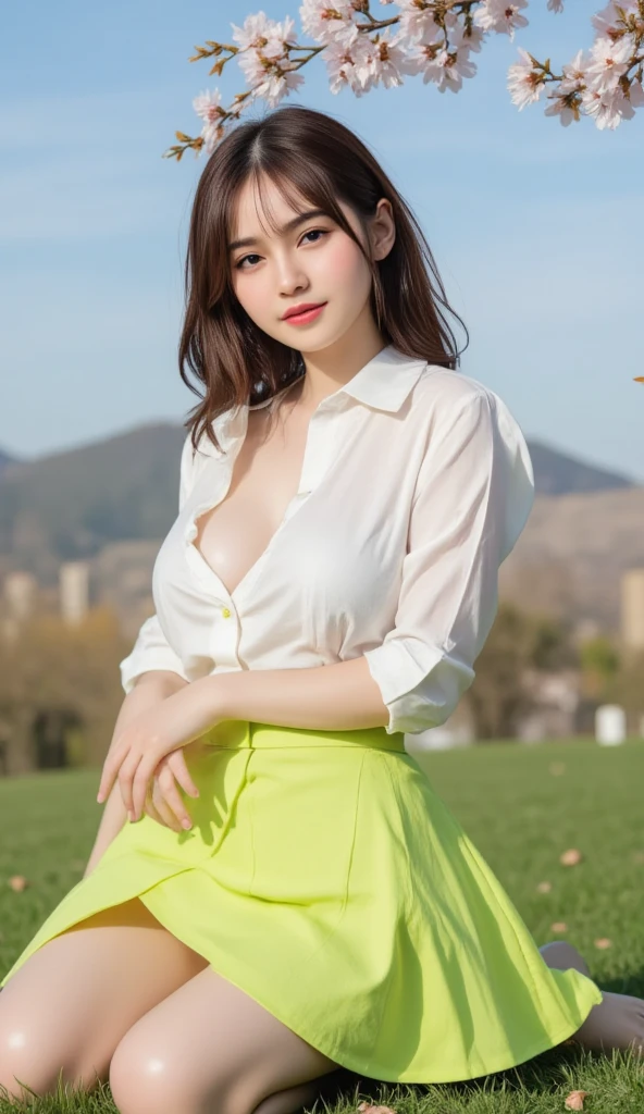((best quality)), ((masterpiece)), ((wear shirt)), ((standing near garden)), (detailed),"Generate an ultra-realistic, high-resolution headshot of a 21-year-old woman with a green skirt that accentuates her curves. with cleavage,((smiling)),((leaning forward))