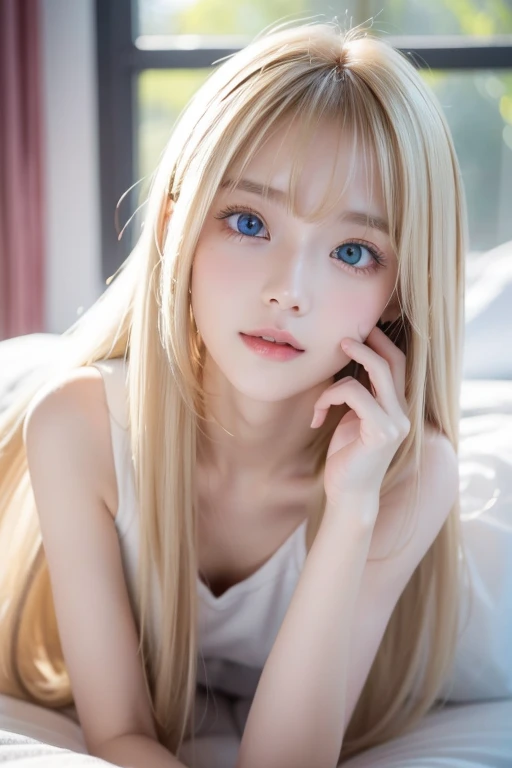 Extremely beautiful face、Small face beauty、Super long silky pearl blonde hair、Hair Play、very long bangs hanging on the face,,,、15 year old cute beautiful girl、White beautiful skin、glowy skin、Teak Gloss、Gloss Face、Bright, Pale marine blue eyes glow、big eye、with round face、Beautiful face、Large breasts、Ultimate Beauty