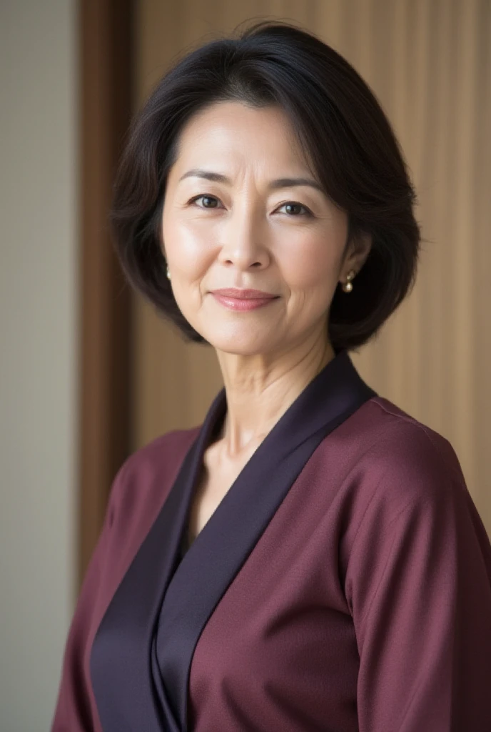 (((Japanese 38 year old mature woman))),top-quality, masterpiece, hight resolution, Photorealsitic, Raw photography, flawless, profetional lighting, ighly detailed, depth of fields,traditional Japanese room, (((60 year old))), (((Wrinkles on the face))),Nasolabial folds on the face,(((There are stains on the body))) chubby figure, Female sexy, Detailed face, beautidful eyes, bangss, sagging breasts, Straight light brown hair that reaches to the shoulders, Faint lips, ((stand facing forward、Staring at the viewer'serious face eyes.)),small diamond necklace,(((black office lady suit))),skirt by the,(Black high heels), Knee removes foot from frame