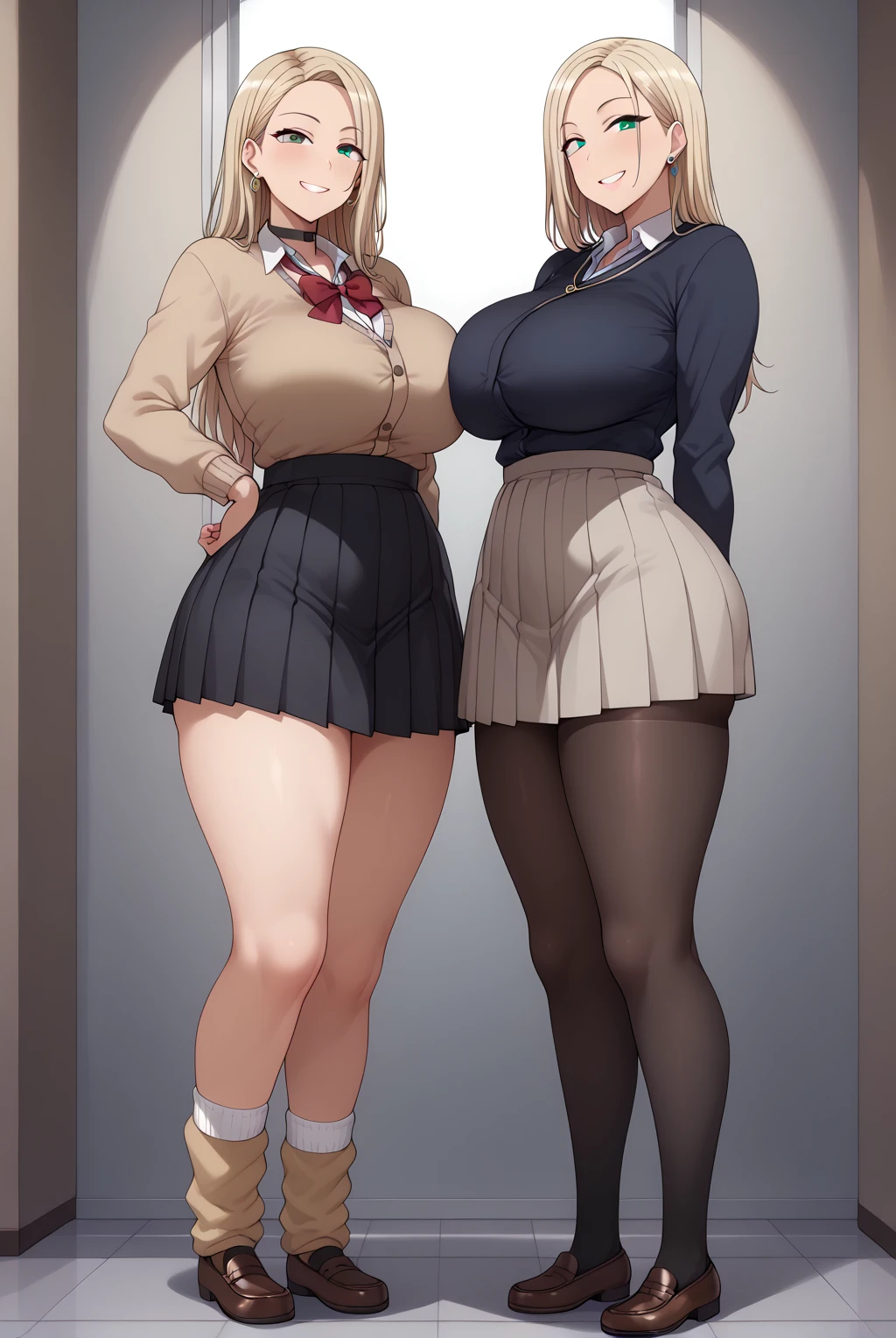 ((2 girls))、(smile:1.5)、(blush)、shirt、blouse、((fun!!))、chiralism、(small breasts)、blonde、(single braid)、(eye highlights:1.3)、blake black footwear,(黒いskirt)、bow, button, 襟の付いたshirt, long sleeve, ((red bow tie, , black jacket, open jacket, (white cardigan:1.5), 白のshirt, 黒のskirt, チェック柄のskirt、white socks)),, shirtを,, skirt, socks, thighs, 白い shirt, Rest indoors, ((classroom:1.5))、 BREAK While watching the audience、(skirtを掴む:1.0)、 (perfect hands, perfect anatomy),cowboy shot、(skirt lift:1.3), (Pull Panties)、((shaved pussy:1.5))、(skirt that rolls up:1.3)、(Highly detailed labia fully exposed:1.5)、(Photo seen from below)、blue eyes