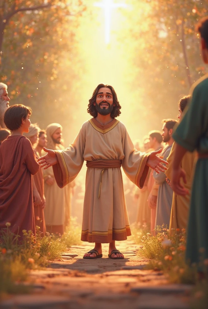 Biblical character Jesus speaking to people in a 3D Pixar 4D art style